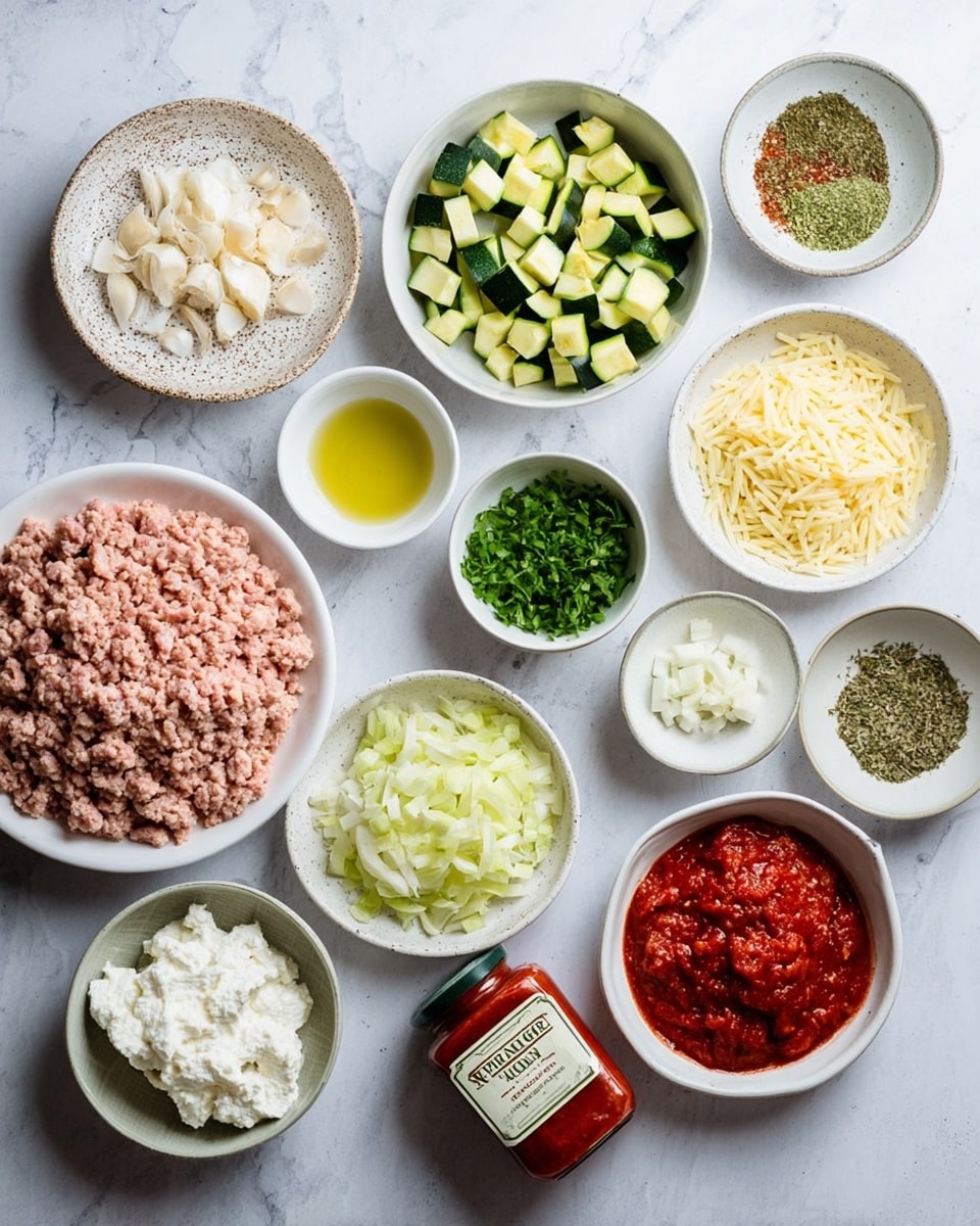 The image shows many white ceramic bowls arranged on a white marbled surface, each with an ingredient. There is a large white speckled bowl with light pink ground meat, a medium white bowl filled with chopped dark green and light green zucchini pieces, a small white bowl with chopped green herbs, another small white bowl with white grated garlic, and a medium white bowl with yellow orzo pasta. A white bowl holds diced white onions, and another has light yellow shredded cheese. There is a small white bowl with mixed green and brown dried herbs, a white bowl with olive oil, and a brownish bowl containing red crushed tomatoes. Additionally, a white speckled bowl contains white ricotta cheese, and there is a jar of red marinara sauce lying on the surface next to all the bowls. Photo taken with an iphone --ar 4:5 --v 7