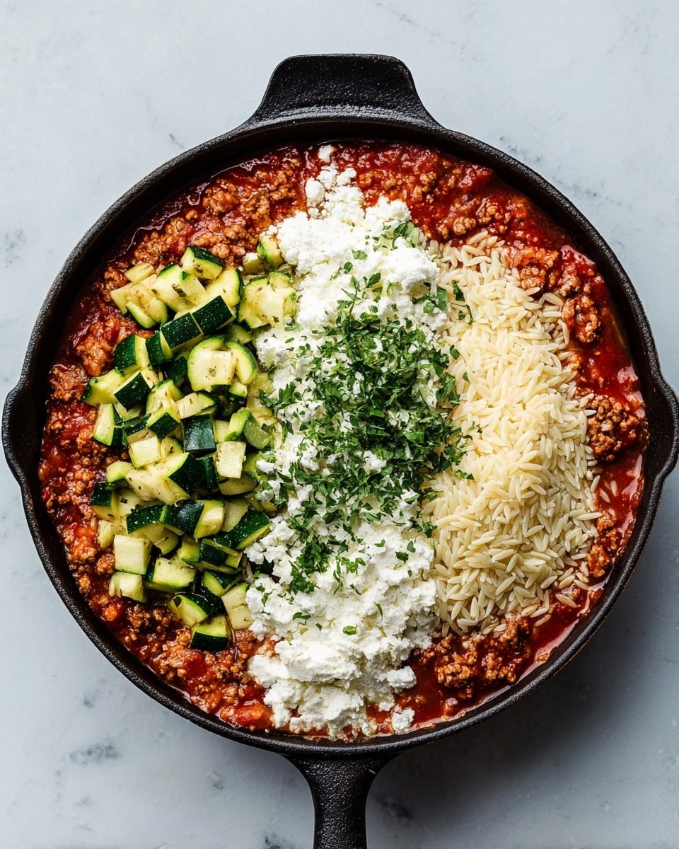 A black cast iron pan sits on a white marbled surface, filled with a base layer of red tomato sauce mixed with ground meat. On top of the sauce, there are three distinct layers placed side by side: on the left, bright green chopped zucchini pieces; in the center, a white, creamy cheese layer topped with finely chopped fresh green herbs; and on the right, a light beige layer of orzo pasta. The textures contrast between the chunky sauce, soft zucchini, fluffy cheese, and small pasta grains. Photo taken with an iphone --ar 4:5 --v 7