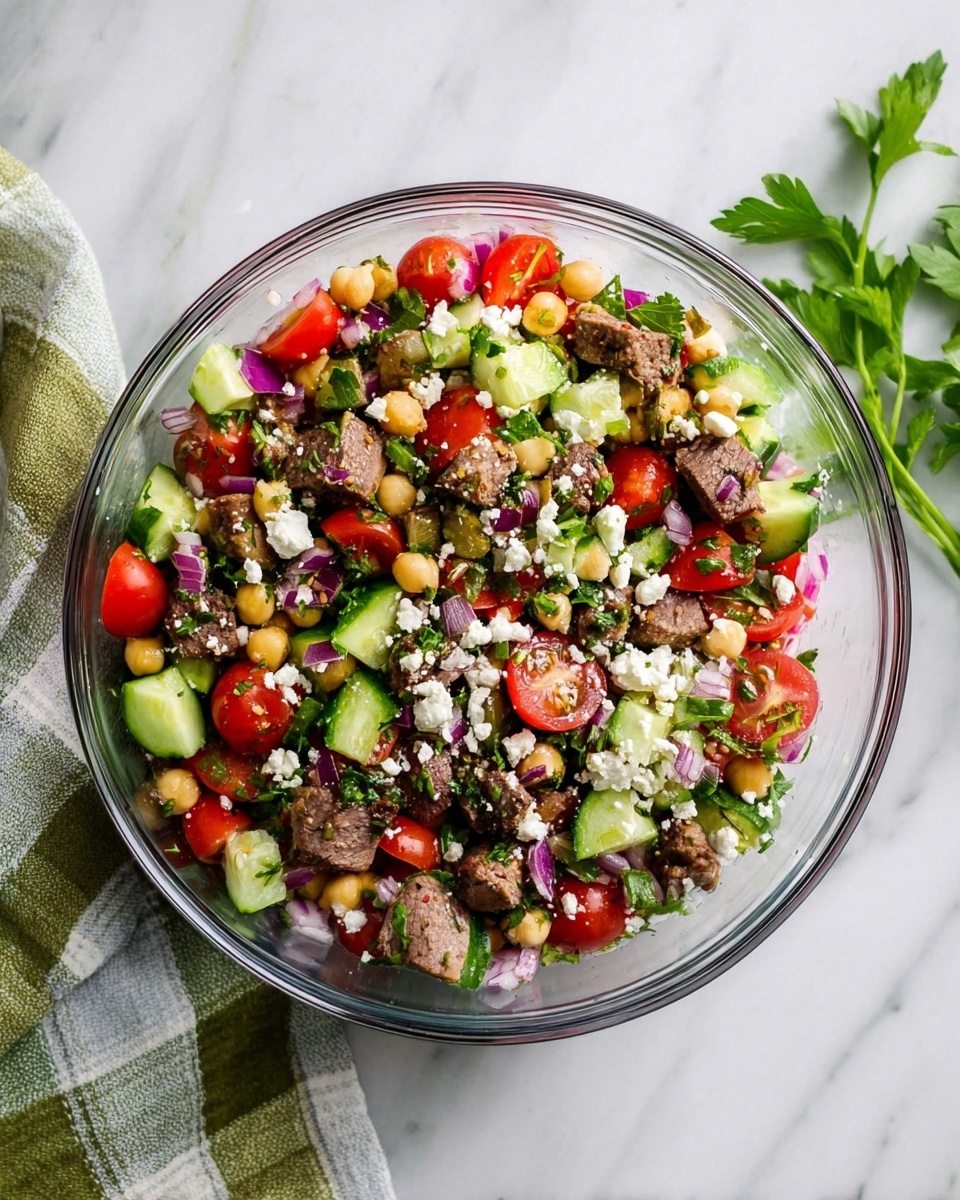 A clear glass bowl filled with a colorful salad placed on a white marbled surface. The salad has several layers: bright red halved cherry tomatoes, pale green cucumber slices, small light brown chickpeas, and chunks of cooked brown meat scattered evenly. Thin slices of purple-red onion add contrast, and white crumbled cheese is sprinkled on top. Fresh green parsley leaves are mixed throughout and also lay near the top edge of the bowl. A green and white plaid cloth is placed near the bottom left corner. Photo taken with an iphone --ar 4:5 --v 7