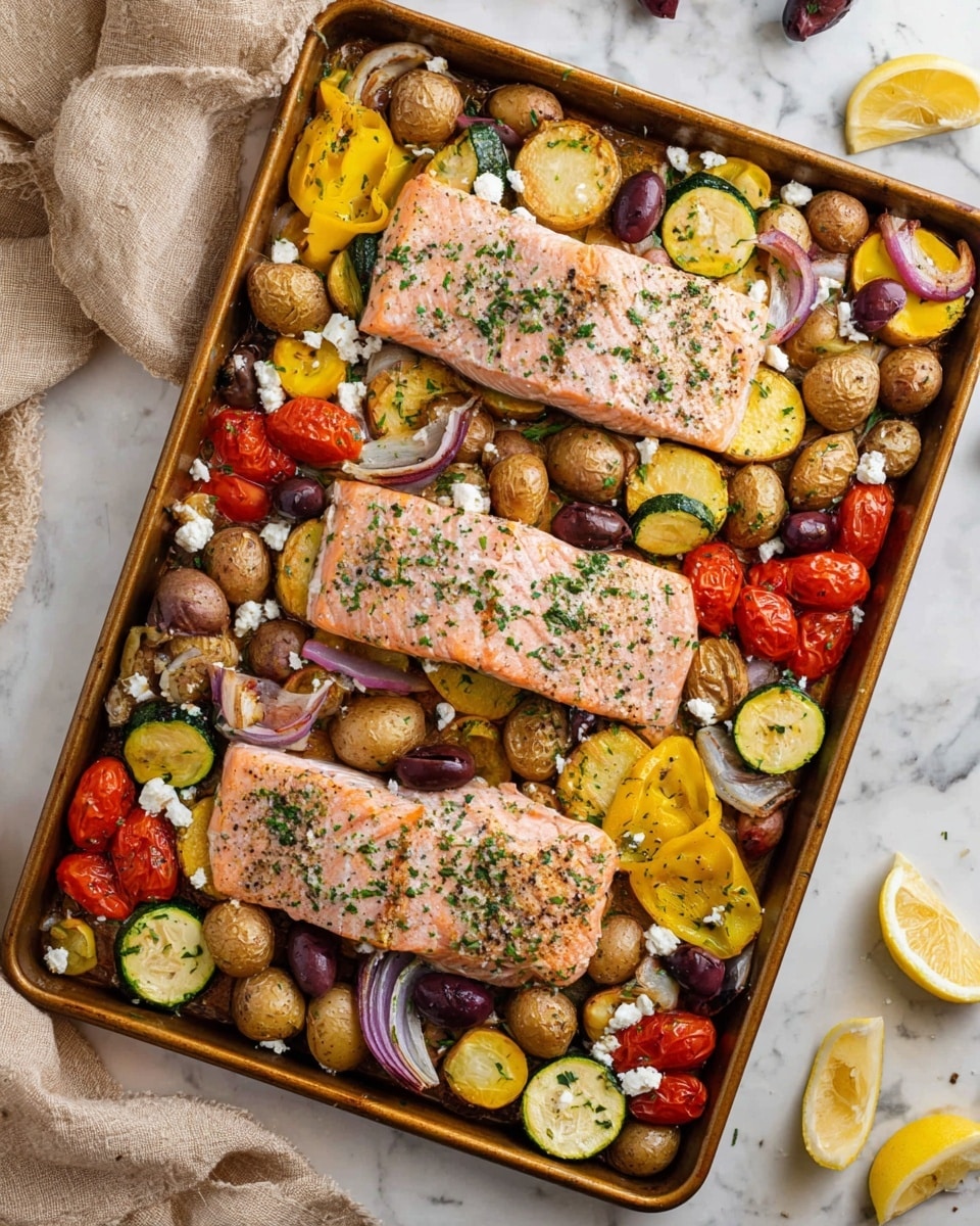 Sheet Pan Salmon with Roasted Veggies and Dill Yogurt Sauce Recipe
