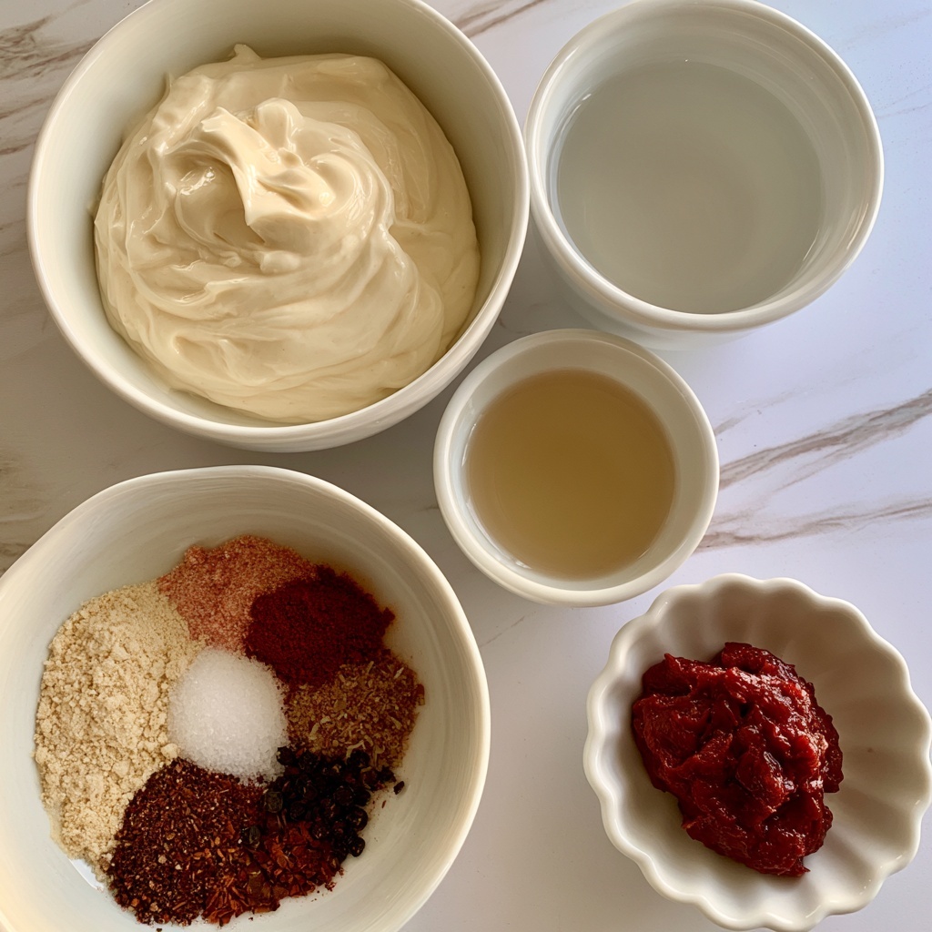 The image shows five white bowls on a white marbled surface, each holding a different ingredient. The largest bowl at the top left is filled with light cream mayonnaise with a smooth, thick texture. To its right, a medium bowl contains clear water. Below the water, a small bowl holds light golden rice vinegar. At the bottom right corner, a scalloped bowl has a deep red tomato paste shaped like a dollop. At the bottom left, a larger bowl displays a colorful mix of spices including light beige garlic powder, white salt, reddish paprika, brown coconut sugar, dark pepper, and cayenne arranged in small piles. Each bowl is neatly labeled with black text on white rectangles. Photo taken with an iphone --ar 4:5 --v 7