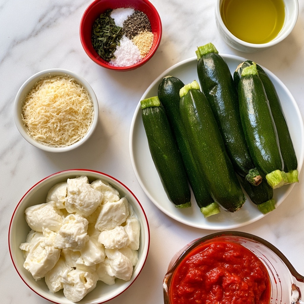The image shows a collection of fresh ingredients arranged on a white marbled surface. In the center right, a white plate holds about eight fresh whole zucchinis, dark green and glossy with light green tips. To the bottom left, a white bowl with a red rim is filled with creamy white fresh mozzarella cheese pieces. Above it, a small white bowl holds finely grated Parmesan cheese with a pale yellow color. Next to that, a small red bowl contains a mix of dried basil, salt, pepper, and garlic powder arranged in small piles. Top right features a small white bowl filled with golden yellow olive oil, and at bottom right, a glass measuring cup holds bright red marinara sauce. The scene has a clean and fresh look, perfect for cooking preparation. photo taken with an iphone --ar 4:5 --v 7