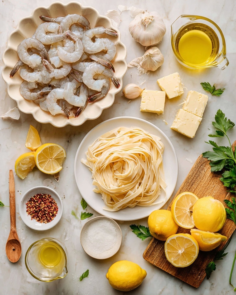The image shows fresh raw shrimp with shells on, arranged in a white scalloped bowl on the top left, surrounded by ingredients on a white marbled surface. To the right, there is a wooden board with halved and quartered yellow lemons. Below the shrimp bowl is a white plate with a neat bundle of pale uncooked fettuccine pasta. Around these main items are small bowls and dishes holding crushed red pepper flakes, coarse salt with a wooden spoon, a clear glass measuring cup with light yellow lemon juice, a small glass cup of golden olive oil, a white small dish with a square of butter, and pieces of light yellow Parmesan cheese on another white dish. There are also a couple of shallots, garlic cloves, a bottle of white wine, and scattered green parsley leaves adding color. Photo taken with an iphone --ar 4:5 --v 7