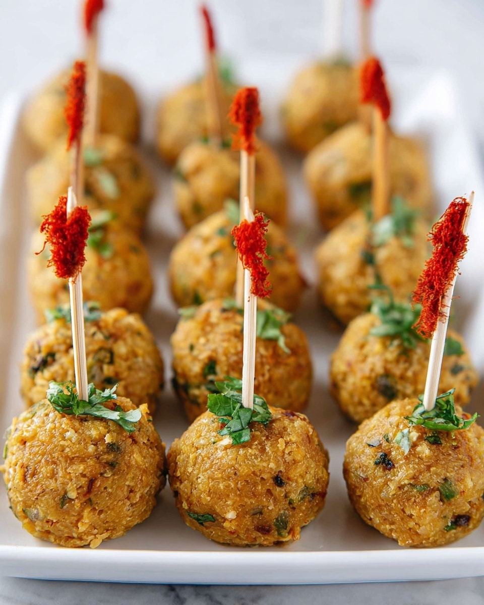 The image shows three rows of round, golden-brown balls with green herbs mixed inside, placed closely together on a white plate. Each ball has a small wooden stick with a red frilly decoration stuck in the center, going vertically upward. The texture of the balls looks crumbly and slightly rough with visible small pieces of herbs and other ingredients. The plate sits on a white marbled surface. photo taken with an iphone --ar 4:5 --v 7