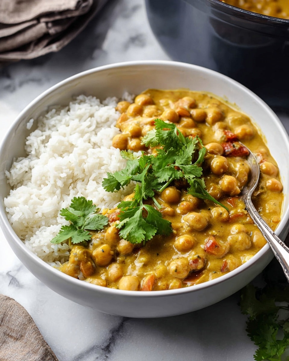 A white bowl contains three main layers: on the right side, there is a fluffy layer of white rice with a light, soft texture; next to it, on the left, a thick, creamy chickpea curry fills most of the bowl, showing golden-yellow sauce mixed with chickpeas and small pieces of tomato, giving it a textured look; on top of both layers, fresh bright green cilantro leaves add a fresh touch. A silver spoon rests at the edge of the bowl on a white marbled surface with a blurred dark pot in the background. photo taken with an iphone --ar 4:5 --v 7
