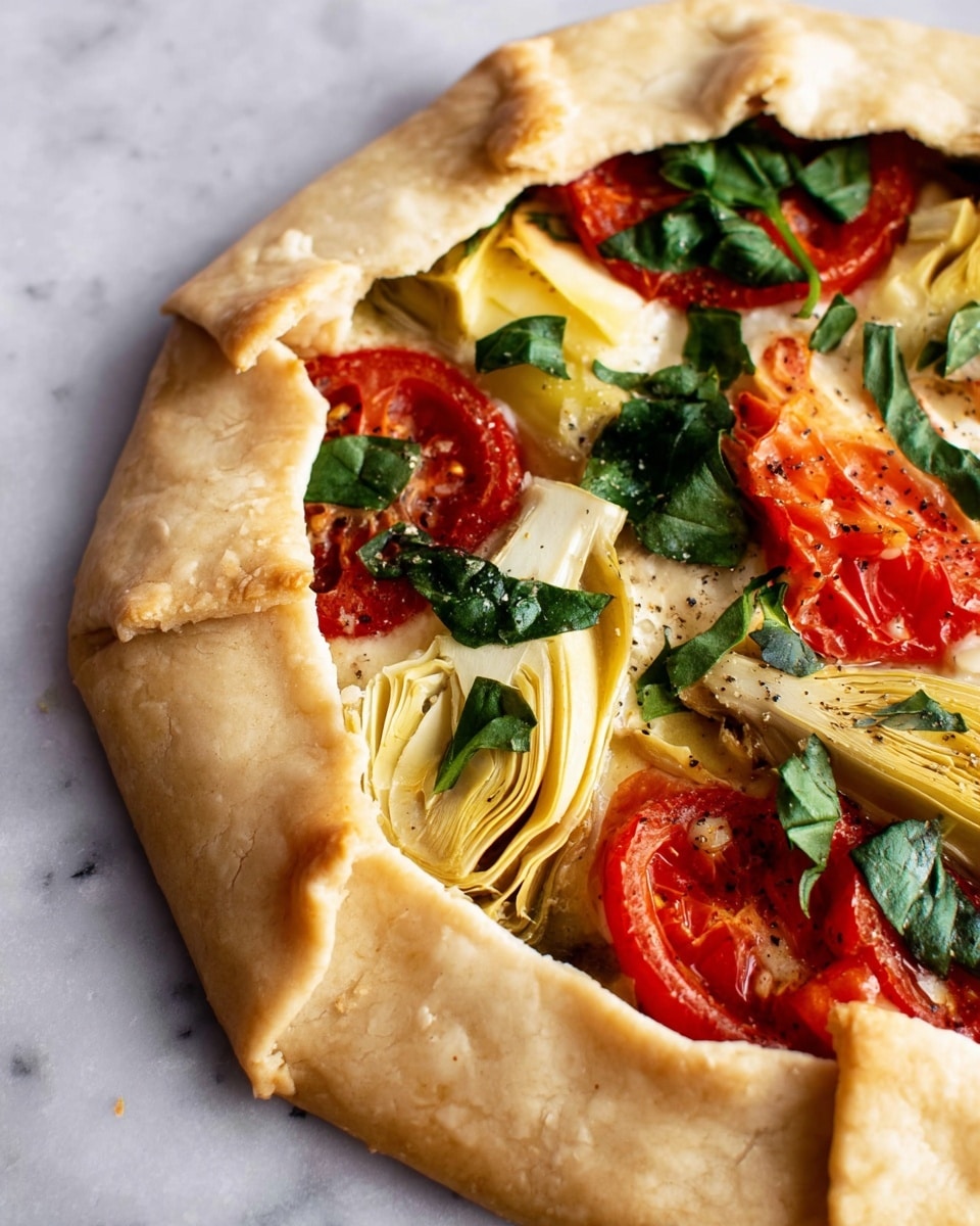 A close-up view of an open round galette with a thick, pale dough crust folded partially over the filling showing 3 main layers: the crust on the outside, rough and soft with slight folds, inside a middle layer of sliced red tomatoes and artichoke hearts with a light yellow color and layered texture, topped with some fresh green spinach leaves scattered unevenly, all sitting on a white marbled surface photo taken with an iphone --ar 4:5 --v 7