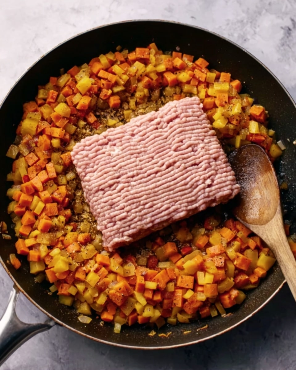A large black pan filled with cooked small chopped vegetables in shades of orange, yellow, and a little red, forming a rough circular base layer around the pan's edges. In the center, a fresh raw block of light pink ground meat lies with defined ridges, contrasting with the cooked vegetables. On the right edge of the pan, a wooden spoon rests, slightly inside the pan. The surface below is a white marbled texture. Photo taken with an iphone --ar 4:5 --v 7