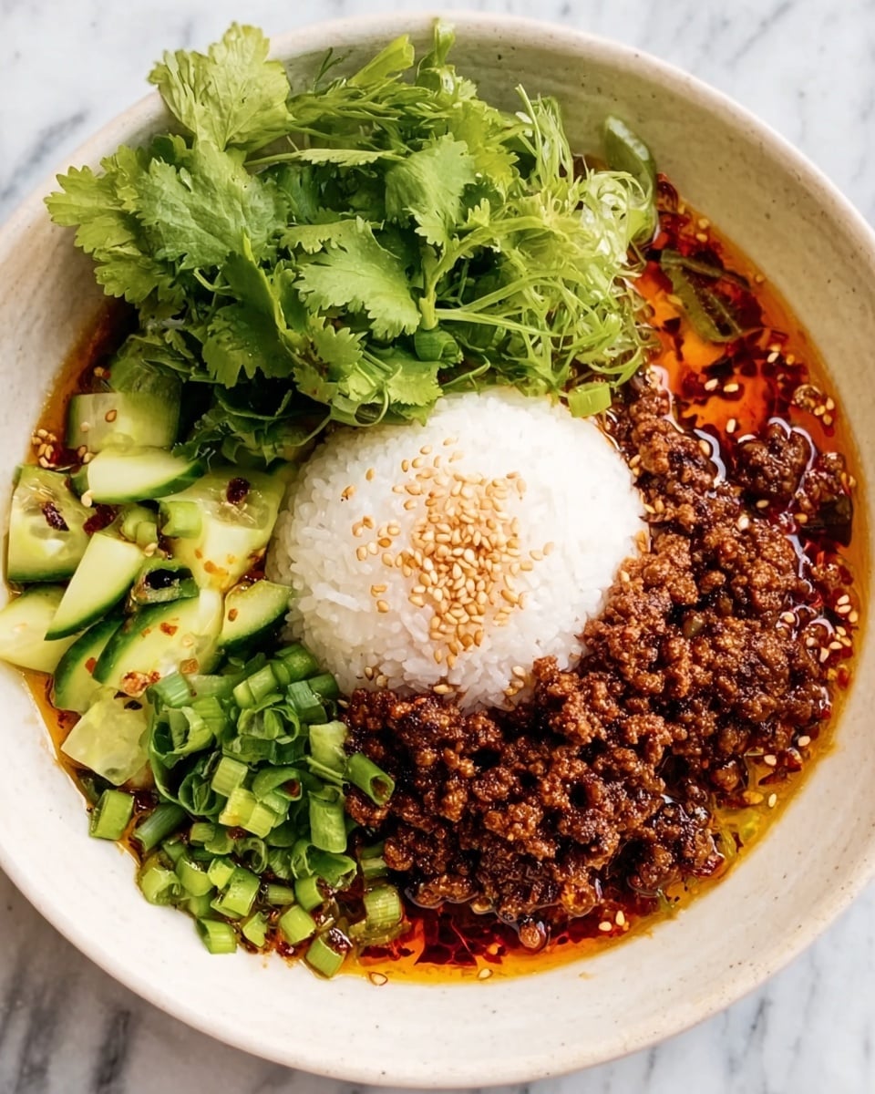 A white bowl sits on a white marbled surface, filled with a vibrant dish. In the center, there is a round mound of white rice sprinkled with light brown sesame seeds. Surrounding the rice is a rich, reddish-brown sauce mixed with oil droplets and chili flakes. On one side, there is a generous portion of dark brown cooked minced meat. Next to the meat, bright green chopped cucumber pieces and scallions add fresh color. A small bunch of fresh green cilantro leaves rests on top of the cucumbers, adding a leafy texture to the dish. photo taken with an iphone --ar 4:5 --v 7