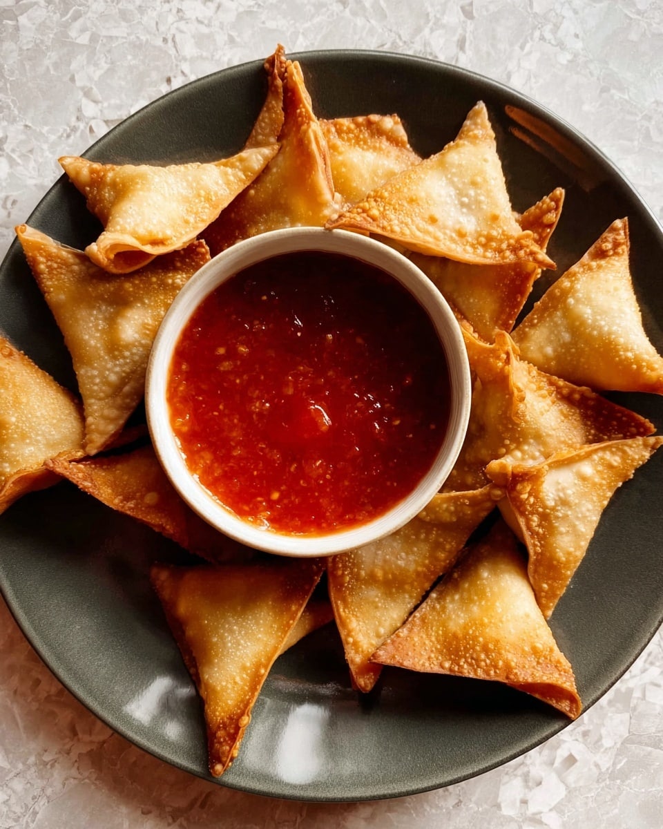 A white bowl filled with a thick, bright red sauce sits at the center of a dark grey round plate. Surrounding the bowl are many small, golden-brown triangular fried dumplings with crisp, slightly bubbled surfaces. The plate rests on a white marbled textured surface. photo taken with an iphone --ar 4:5 --v 7