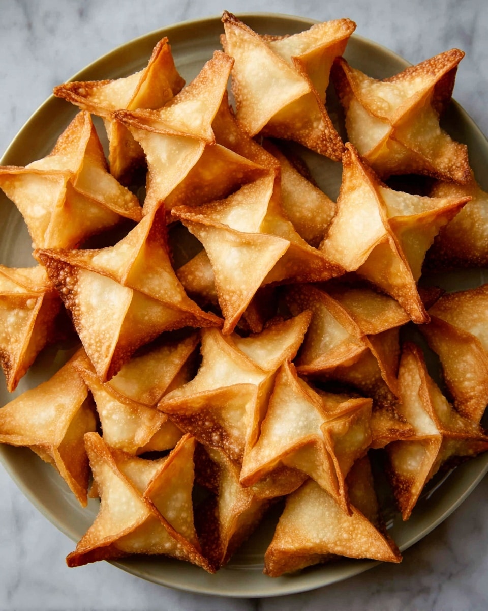 The image shows many small, golden-brown fried dumplings arranged closely on a round white plate. Each dumpling is shaped like a square with four pointed corners folded up and meeting at the center, creating a star-like form. The dumplings have a crisp texture with some areas slightly darker from frying. The background surface is a white marbled texture, softly lit to highlight the warm tones and slight bubbles on the dumplings' surface. photo taken with an iphone --ar 4:5 --v 7