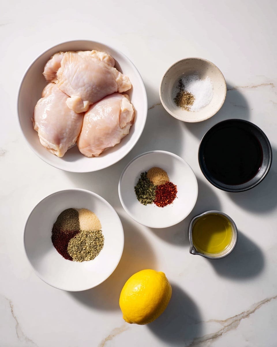 The image shows six white bowls and one lemon arranged on a white marbled surface. The largest bowl on the left holds four raw chicken thighs with pale pink skin. Above it, a small bowl contains a mix of salt and black pepper. In the center, a bowl holds four types of spices: light brown, greenish, dark red, and a darker brown mix, all in separate sections within the bowl. To the right, a bowl contains a dark liquid, likely soy sauce. Next to it, a small black measuring cup holds a light yellow liquid, probably oil. At the bottom center, a bright yellow whole lemon sits on the surface. The scene is well-lit and minimalistic, with clear sharp focus. photo taken with an iphone --ar 4:5 --v 7