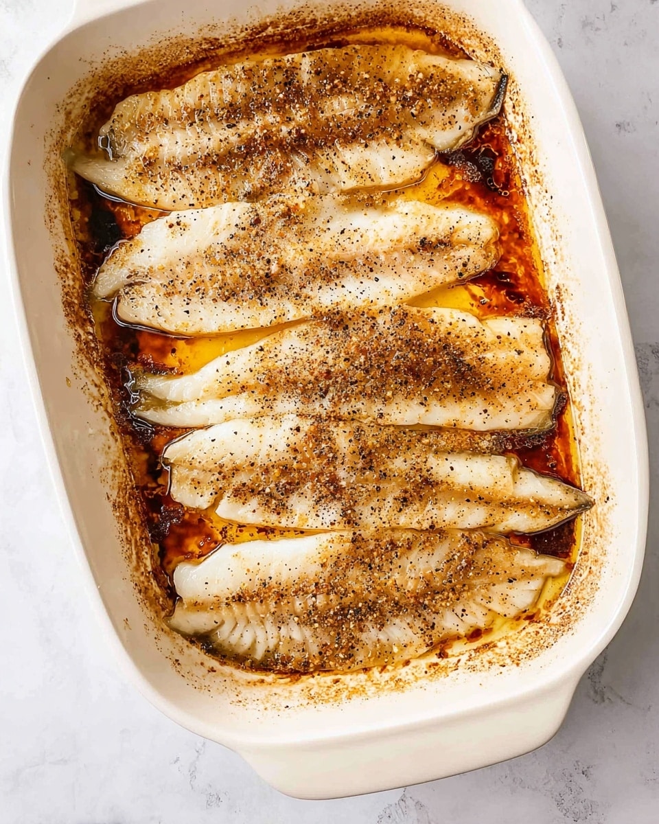 The image shows a white baking dish filled with six cooked fish fillets arranged in a single layer. Each fillet has a light golden brown color with a slight crisp around the edges and is sprinkled with black pepper. The fillets have a soft, flaky texture, and the surface around them has browned drips and cooked juices in dark golden to deep brown shades, creating a contrast with the white dish. The background features a white marbled surface. Photo taken with an iphone --ar 4:5 --v 7