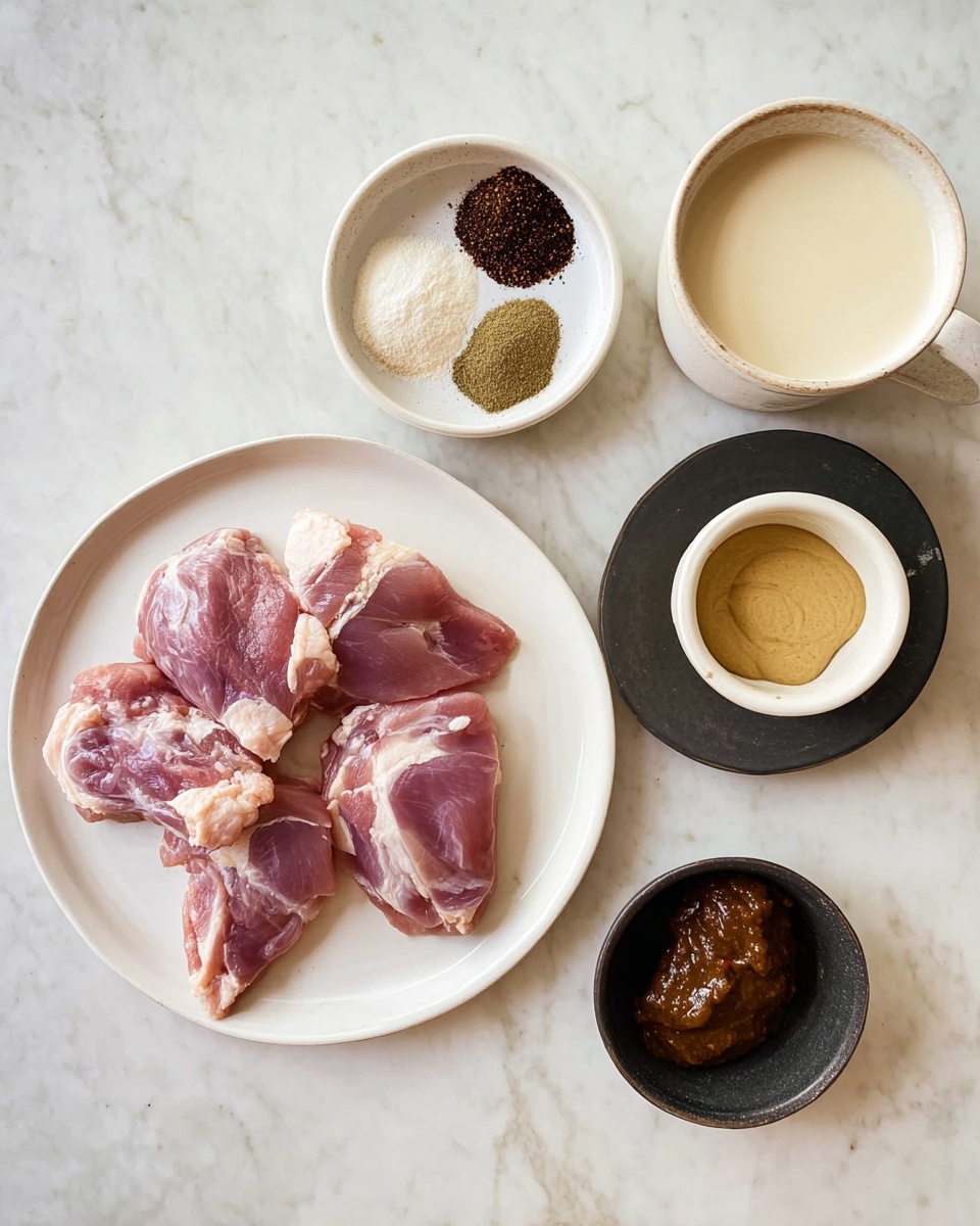 Five raw pieces of pinkish meat with white fat are arranged on a white round plate at the bottom left. Above the plate, a small white bowl holds three types of powder spices in separate sections—one white, one dark brown, and one greenish-brown. To the right of the spice bowl, a white cup is filled nearly to the top with light cream-colored liquid. Below that cup, a small black bowl contains a dollop of thick pale yellow sauce. At the bottom right corner, a small white bowl has a dark brown paste. All items are placed on a white marbled surface. Photo taken with an iphone --ar 4:5 --v 7