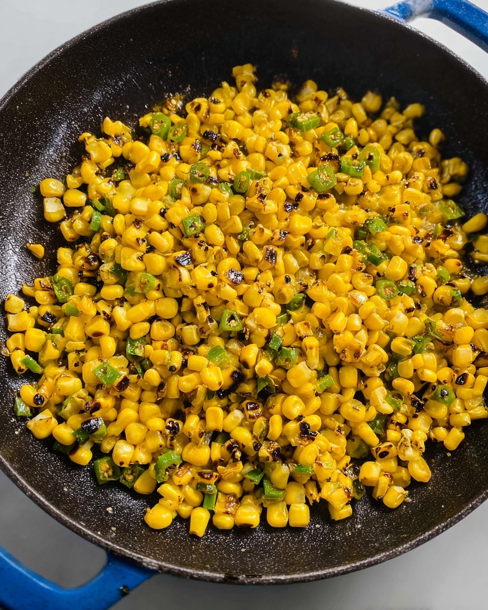 The image shows a close-up of a black pan with a blue handle filled with cooked yellow corn kernels mixed with small green pieces, likely jalapeño or bell pepper, all lightly charred with black specks for a grilled look. The corn and green pieces are spread evenly, covering the bottom of the pan, which has a rough, matte texture. The overall colors are bright yellow and green with dark brown char marks giving a roasted effect, all on a black background of the pan. Photo taken with an iphone --ar 4:5 --v 7
