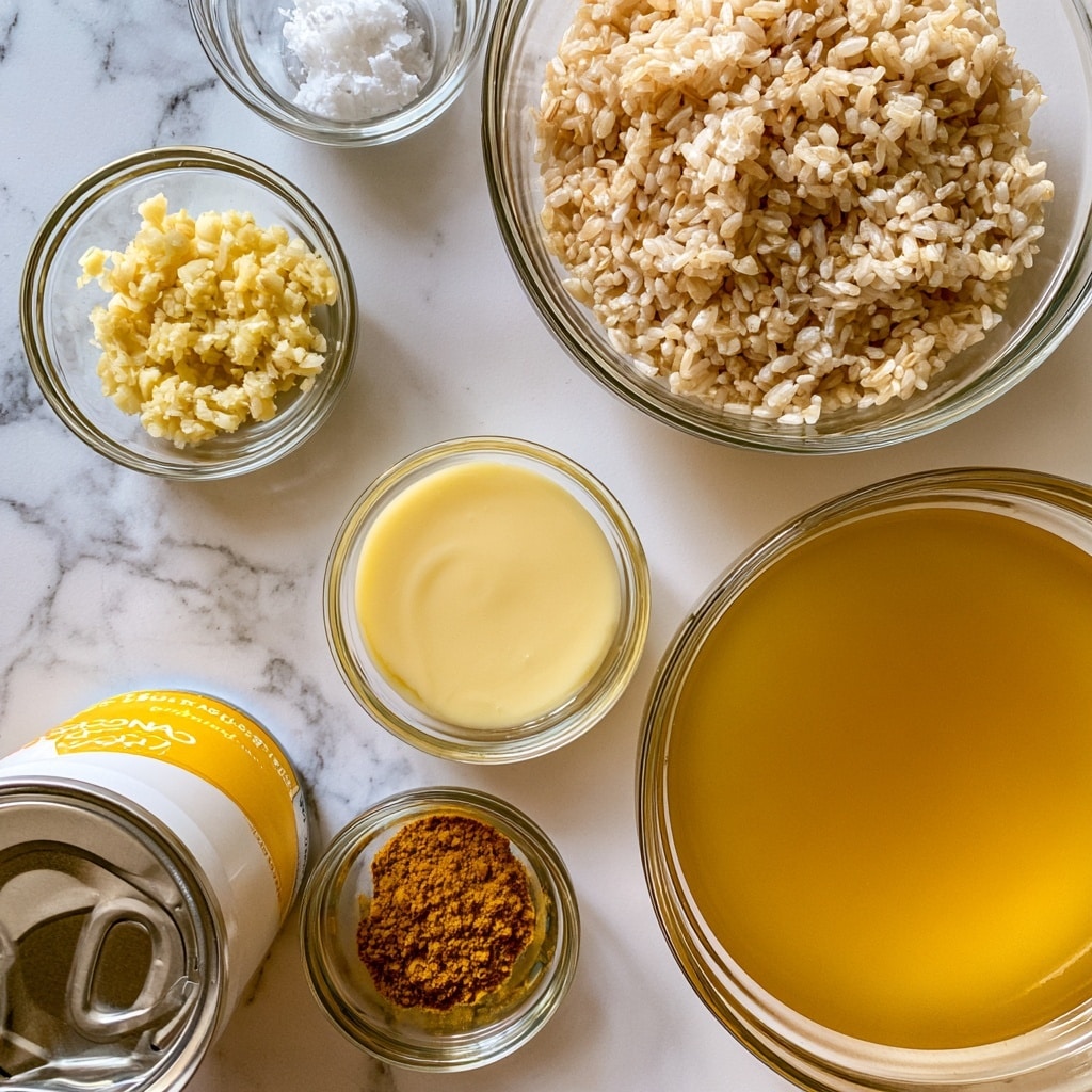 The image shows various clear glass bowls and a white can arranged on a white marbled surface. The largest bowl on the top right holds light brown colored brown jasmine rice with a fluffy, loose texture. To the left, a smaller bowl contains minced garlic, with a coarse, moist texture and a pale yellow color. Near the garlic bowl, another small bowl has a white flaky substance labeled salt. Below them, a bowl contains a smooth, creamy pale yellow ghee. At the bottom left, a yellow-white can of organic coconut milk sits tilted. To the bottom right, a large bowl filled with golden yellow vegetable broth has a smooth, clear texture. Below the garlic, a small bowl with dark yellow turmeric powder with fine grains is visible. All items sit neatly spaced on the white marbled background. photo taken with an iphone --ar 4:5 --v 7