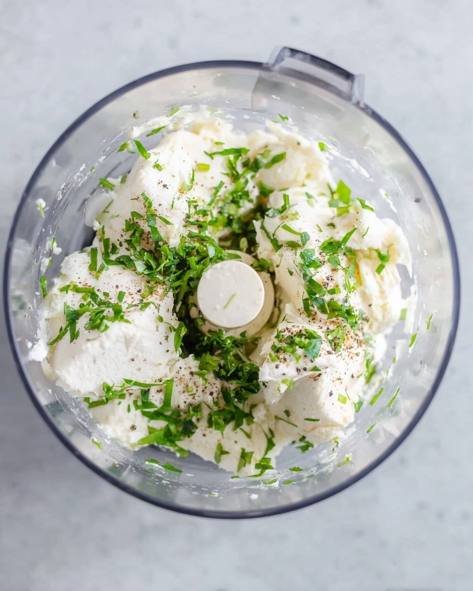 Inside a clear food processor bowl, there are large soft white chunks topped with fresh green chopped herbs scattered evenly over them. The white chunks have a smooth and slightly creamy texture with hints of black pepper sprinkled on top. The bowl sits on a white marbled surface, and the mixed colors of white, green, and black create a fresh and natural look. Photo taken with an iphone --ar 4:5 --v 7