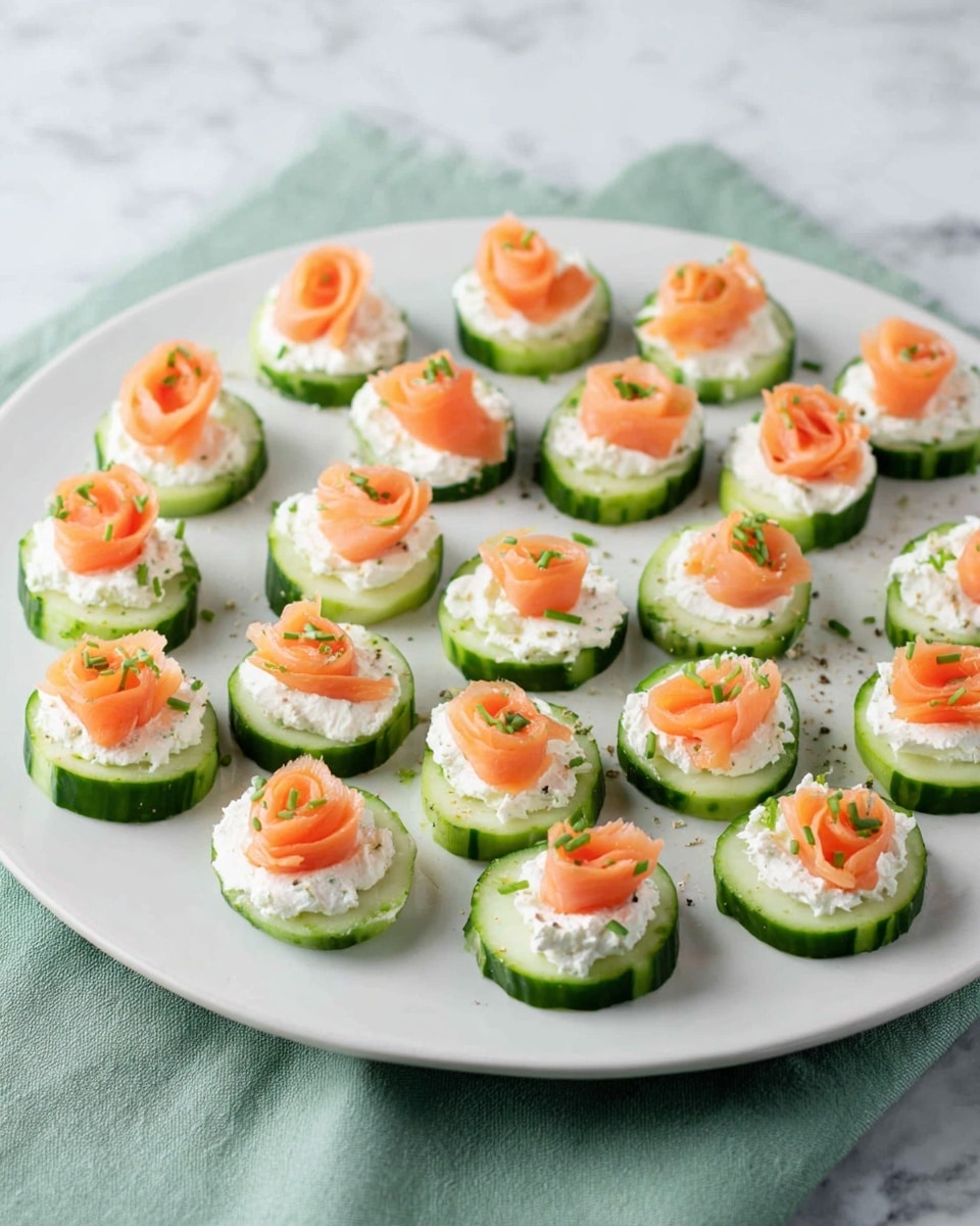 A white plate holds about twenty small cucumber rounds arranged in neat rows. Each cucumber piece has three visible layers: the bottom layer is the green cucumber slice with a darker green skin edge, the middle layer is a thick spread of white cream cheese with small dark specks, and the top layer is a small curl of light orange smoked salmon shaped like a mini rose. Tiny bits of chopped green herbs are sprinkled lightly on top of the cream cheese and salmon. The plate sits on a soft green cloth over a white marbled surface. photo taken with an iphone --ar 4:5 --v 7