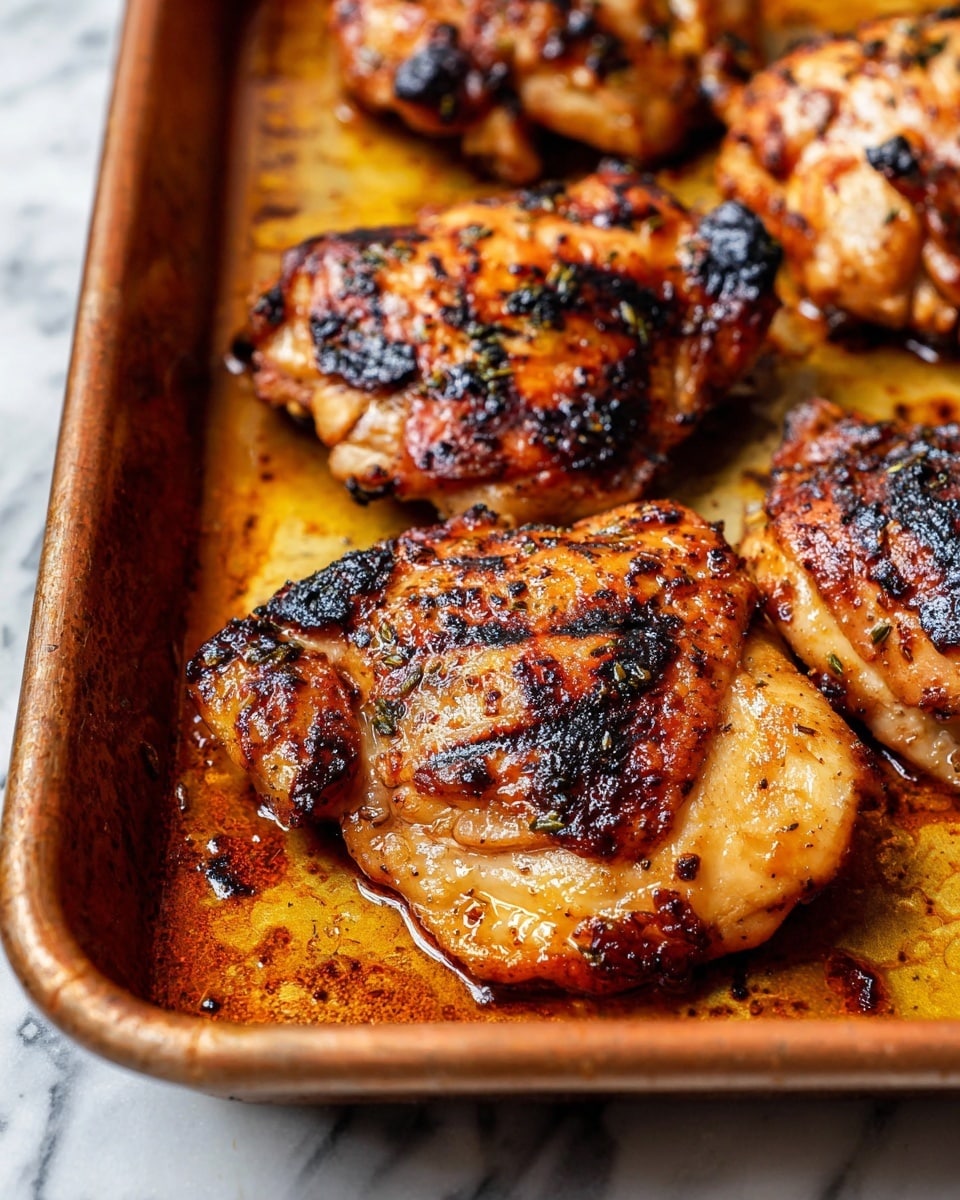 The image shows several pieces of grilled chicken thighs with a golden-brown color and charred black spots on top, sitting closely in a metal baking pan with a slightly shiny burnt orange interior. The chicken skin looks crispy with some herbs and seasoning visible. The pan has some oil and browned bits around the chicken, and the background is a white marbled surface. Photo taken with an iphone --ar 4:5 --v 7