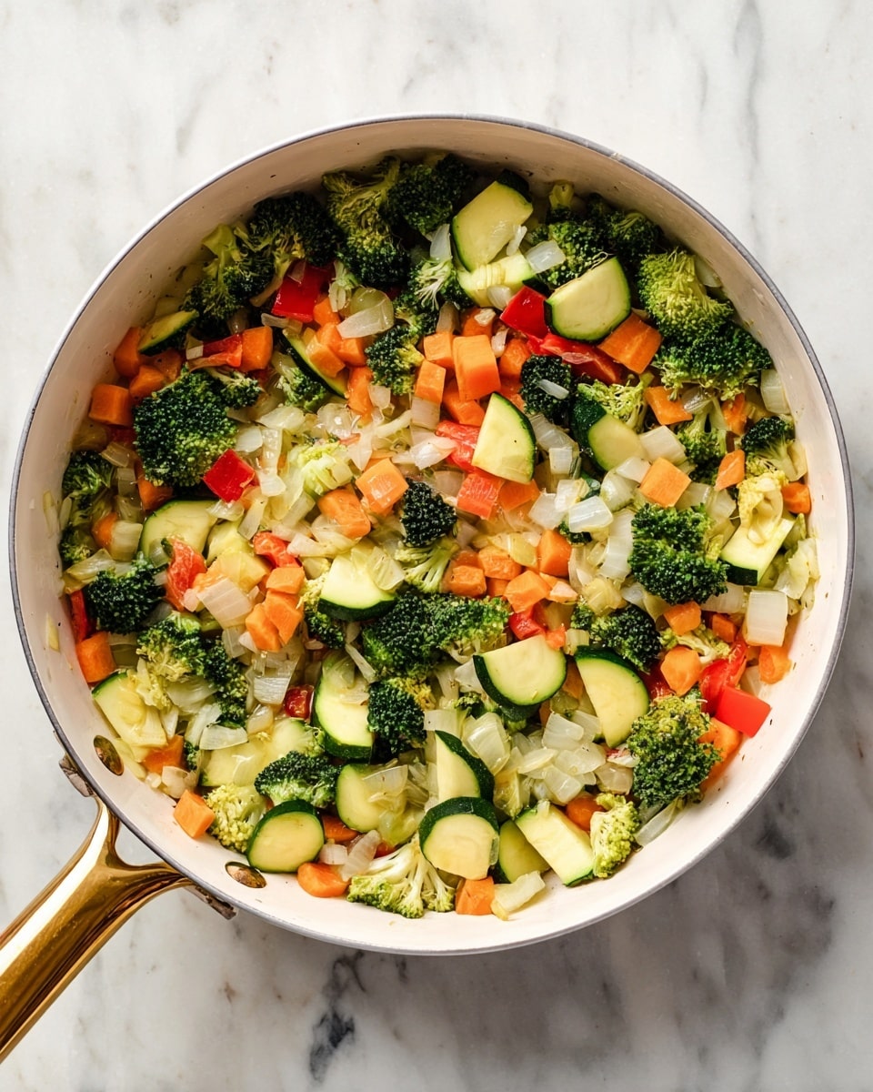 A white pan with a gold handle holds a mix of cooked vegetables showing three visible layers: small broccoli florets in dark and light green, chopped orange carrots, and small white onion pieces with a translucent texture. Thick zucchini slices with green skin and pale inner flesh add a fourth layer, while pieces of red bell pepper bring bright red contrast. The vegetables are evenly spread inside the pan, which sits on a white marbled surface. Photo taken with an iphone --ar 4:5 --v 7