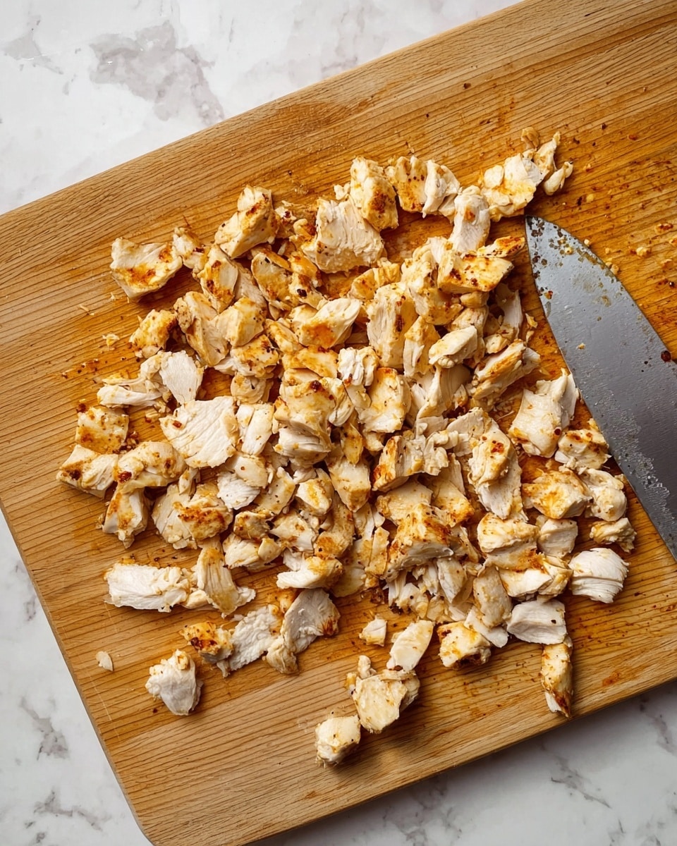 A wooden cutting board with small pieces of cooked chicken scattered all over it, showing light golden brown edges and white inside. A large knife with a silver blade lies under some of the chicken pieces. The background is a white marbled texture. photo taken with an iphone --ar 4:5 --v 7