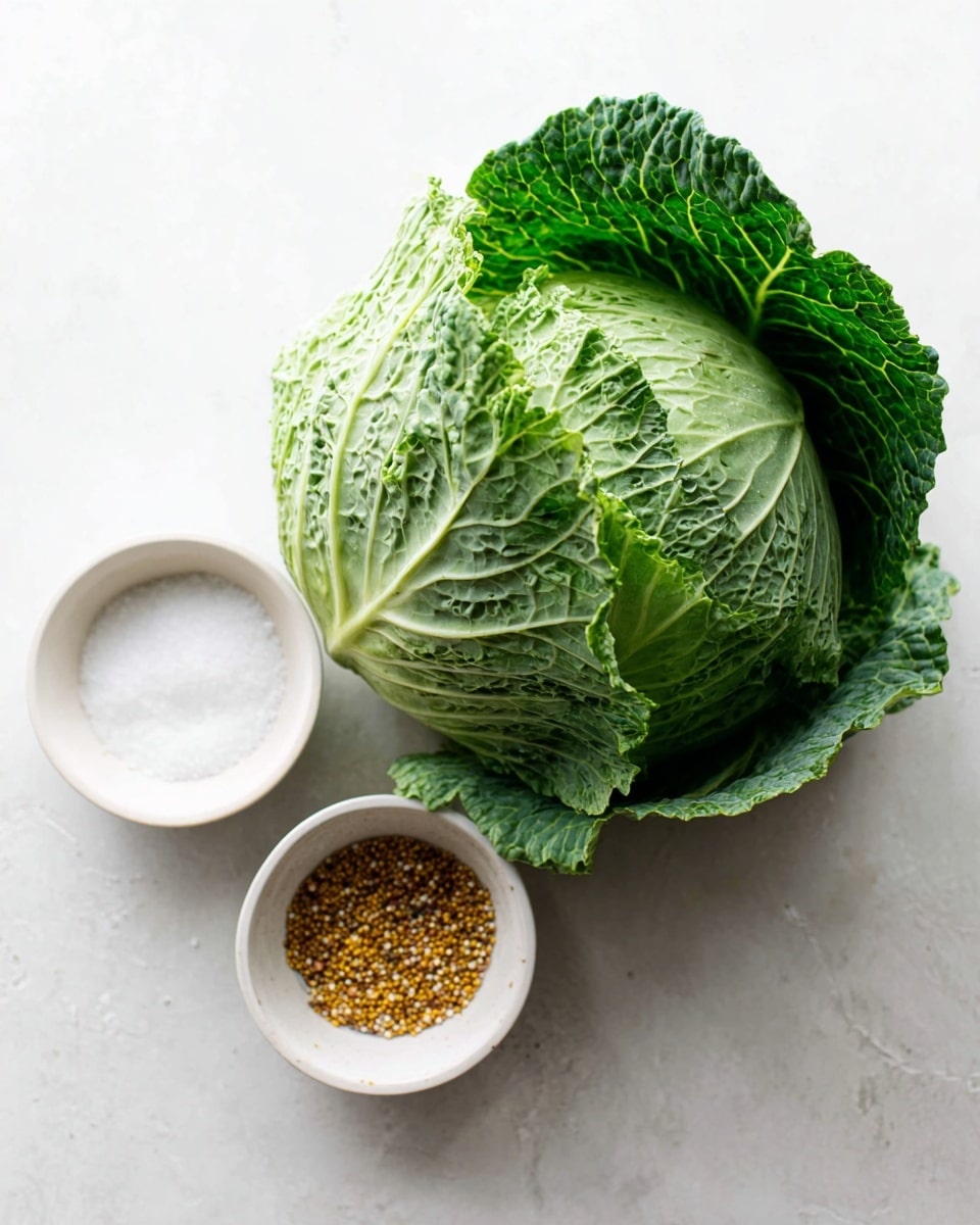 A fresh green cabbage with its large, textured leaves slightly curled at the edges is placed on a white marbled surface. To the left of the cabbage, there are two white bowls positioned close to each other; the top bowl is filled with white granulated salt, and the bottom bowl contains a mix of small brown cumin seeds and round yellow mustard seeds. The overall setting is bright with soft natural light. Photo taken with an iphone --ar 4:5 --v 7