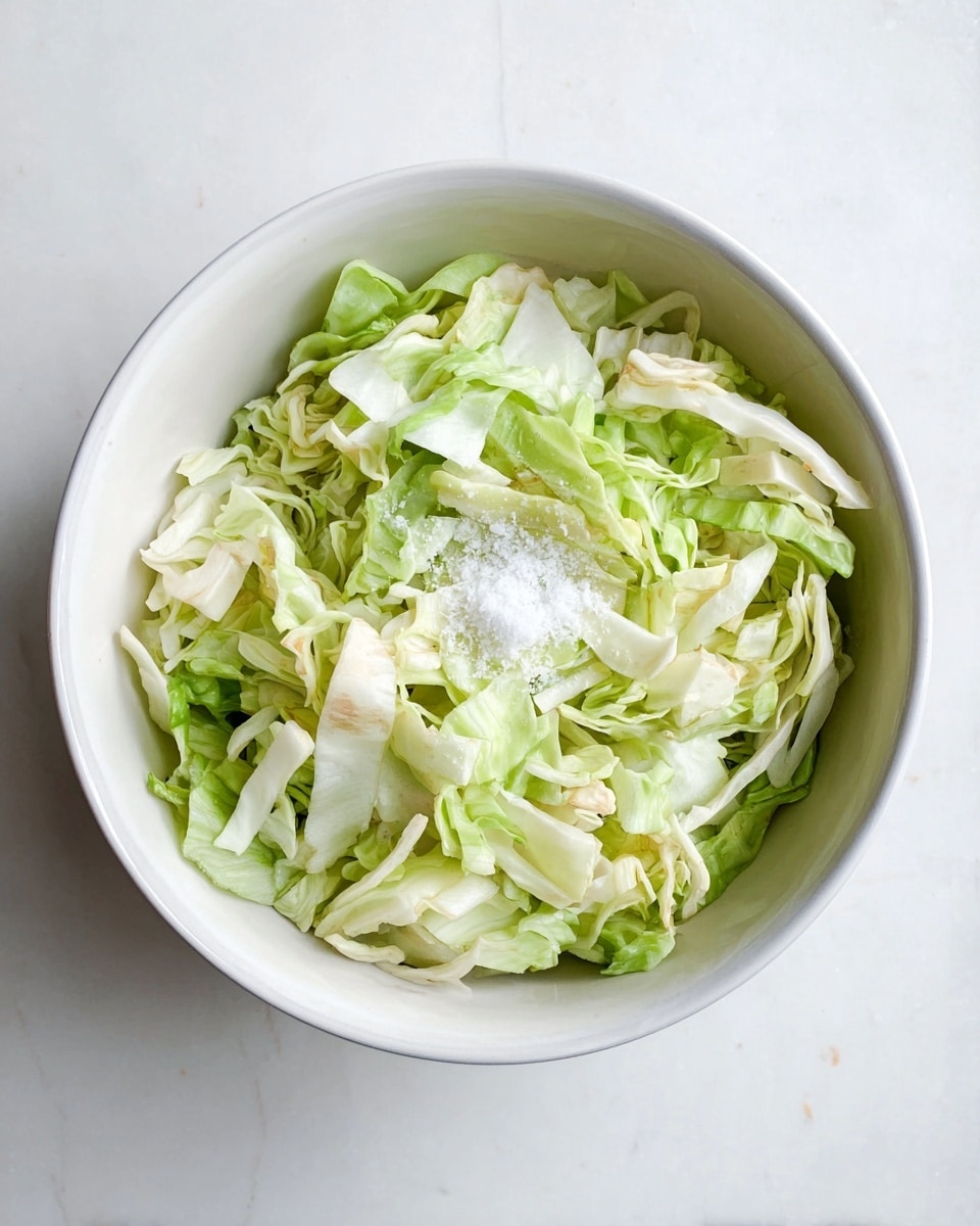 A white bowl filled with thinly sliced light green and white cabbage layers, with some pieces curled. On top in the center, there is a small pile of white granulated salt. The bowl is placed on a white marbled surface, showing slight shadows inside the bowl. The cabbage layers have fresh and crisp textures, with a mix of wider and thinner strips. photo taken with an iphone --ar 4:5 --v 7