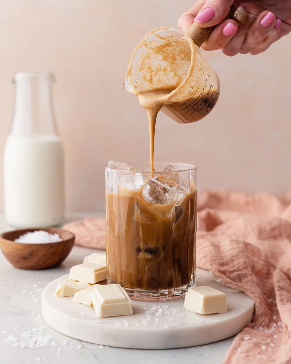A clear glass filled with ice cubes and light brown coffee, topped with a rough layer of caramel foam being poured from a small glass measuring cup with a wooden handle held by a woman's hand with pale pink nail polish, set on a round white marbled board. Around the board are pieces of white chocolate and a small wooden bowl with white salt crystals, all placed on a soft peach-colored fabric and white marbled surface. A blurred glass bottle with milk is seen in the background. Photo taken with an iphone --ar 4:5 --v 7