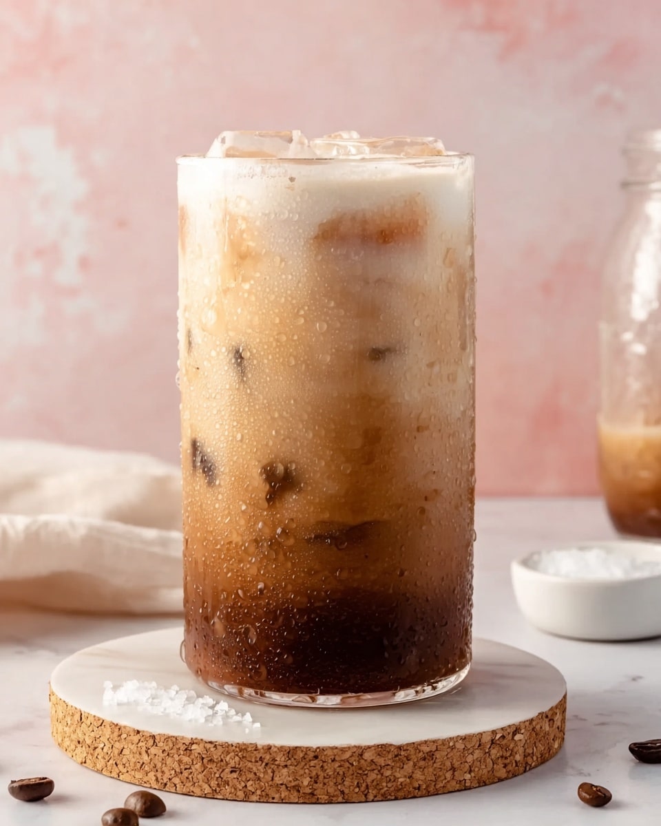 The image shows two tall clear glasses filled with iced coffee, each with a mix of light brown coffee and white foam on top, along with visible ice cubes through the glass. One glass in the front has a clear glass straw placed inside it. Behind these glasses, there is a small clear glass bowl filled with white cream, resting on a soft pink cloth. The drinks and bowl are placed on a white marbled surface with some white chocolate pieces in the corner, and a blurred small dish of white powder is seen to the side. Photo taken with an iphone --ar 4:5 --v 7
