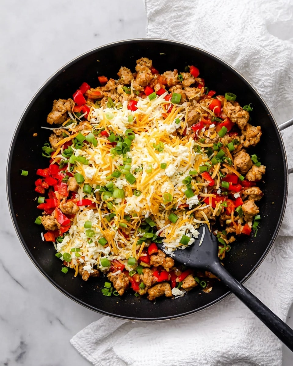 A black pan filled with cooked pieces of golden-brown meat mixed with bright red diced bell peppers and green sliced scallions scattered on top; there are also small chunks of white cheese and a layer of shredded yellow and white cheese adding texture and color contrast. A black spatula rests inside the pan, partially under the food. The pan sits on a white marbled surface with a white cloth partially visible underneath. Photo taken with an iphone --ar 4:5 --v 7