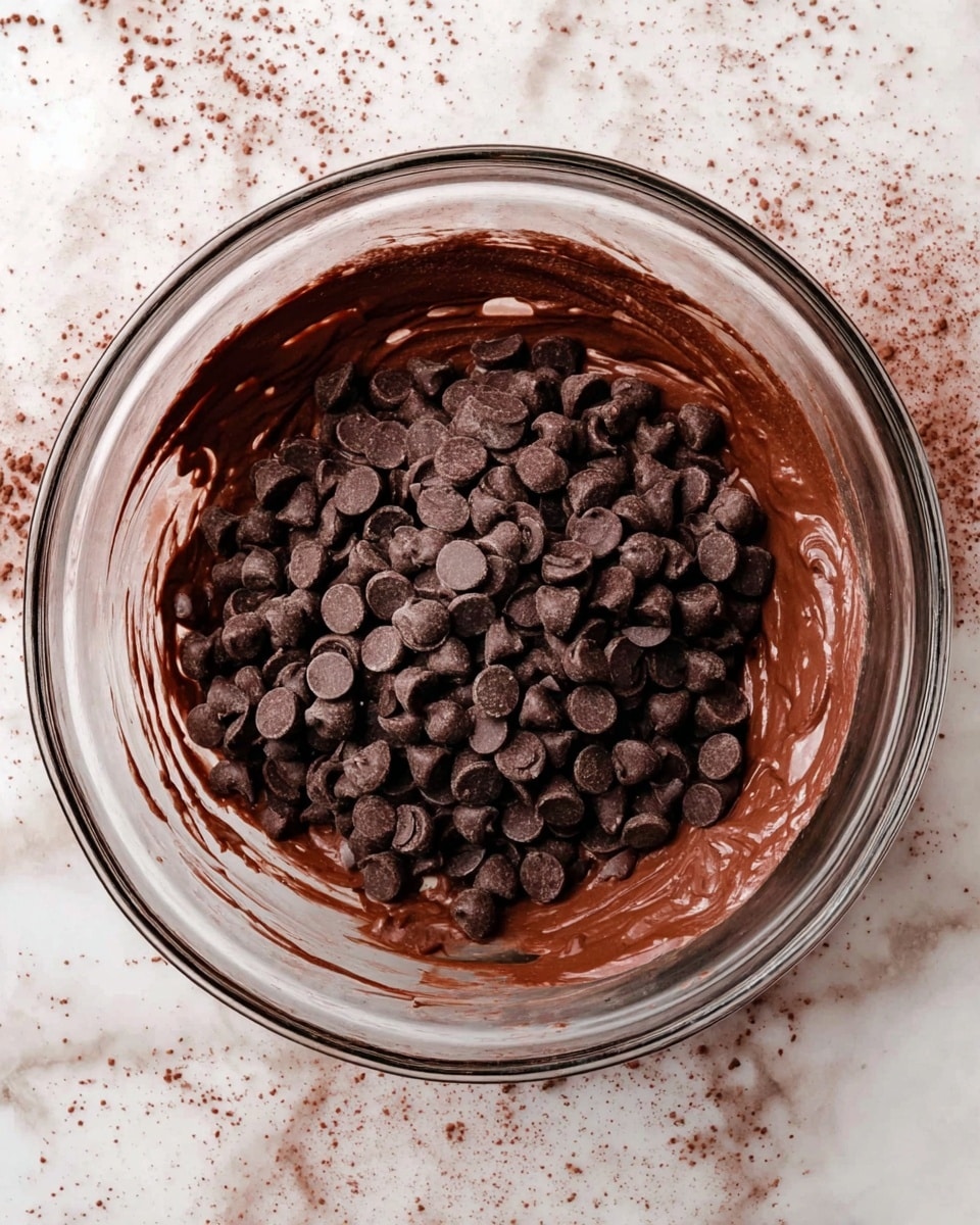 A clear glass bowl holds two layers: the bottom layer is smooth, thick, dark brown chocolate batter with a shiny texture, and the top layer is a pile of semi-sweet chocolate chips, slightly matte and scattered loosely in the center. The bowl sits on a white marbled surface with some cocoa powder dust around it. Photo taken with an iphone --ar 4:5 --v 7