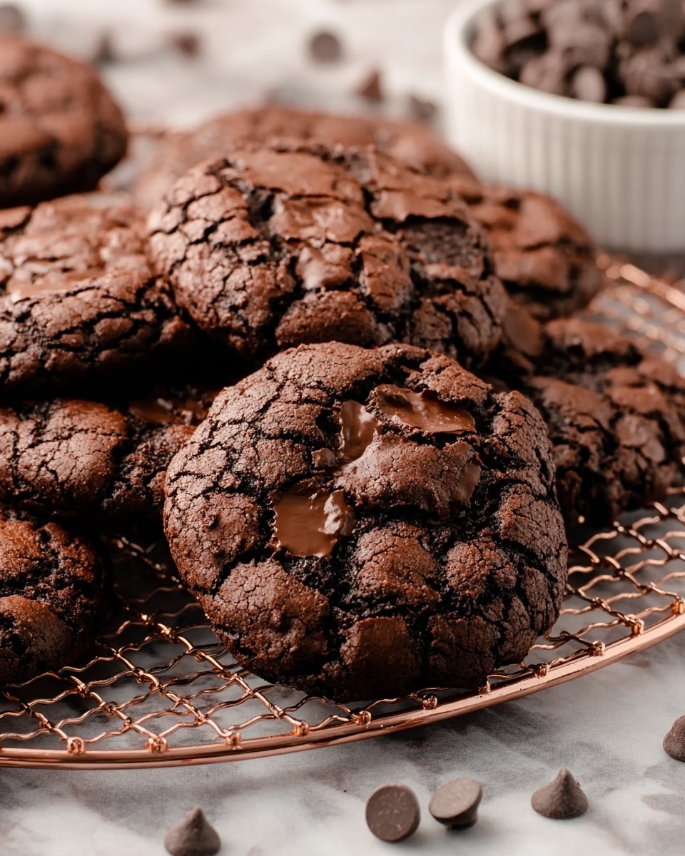 The image shows a close-up view of several rich, dark chocolate cookies with a cracked surface texture, revealing chunks of melted chocolate inside. The cookies are arranged on a copper wire cooling rack placed on top of a white marbled surface. Scattered chocolate chips are visible around the edges, adding extra texture and detail to the scene. In the background, a white bowl filled with more chocolate chips is slightly out of focus, creating depth in the image. photo taken with an iphone --ar 4:5 --v 7
