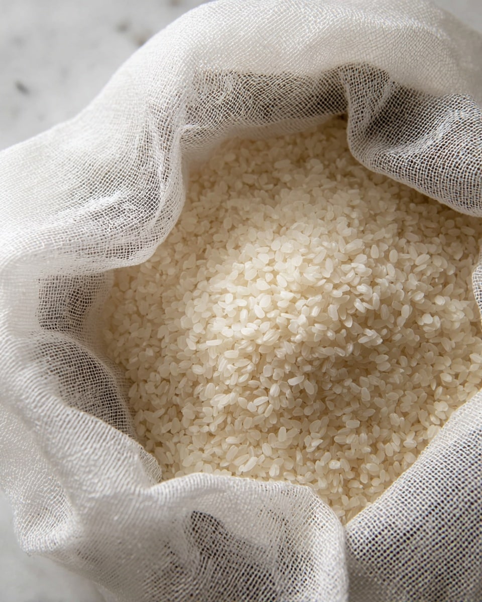 A close-up view of a soft, white cloth holding a large pile of small, short-grain rice. The rice grains are creamy white and slightly shiny with a smooth texture. The cloth has a delicate, fine mesh weave and gently folds around the rice, forming soft ripples and curves that cradle the grains. The background shows a clean white marbled surface. photo taken with an iphone --ar 4:5 --v 7