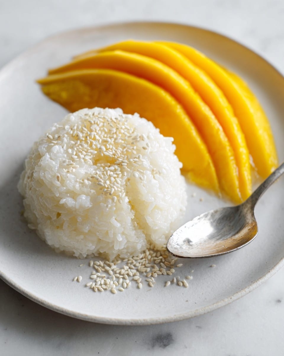 A small round mound of sticky white rice topped with sprinkled white sesame seeds sits in the center of a white plate with a white marbled texture background. Next to the rice, on the upper side of the plate, are thinly sliced pieces of bright yellow mango fanned out in a curved line. A silver spoon with sticky rice rests on the bottom right edge of the plate. The details show the shiny and moist texture of the rice grains, and the mango slices are smooth and glossy. Photo taken with an iphone --ar 4:5 --v 7