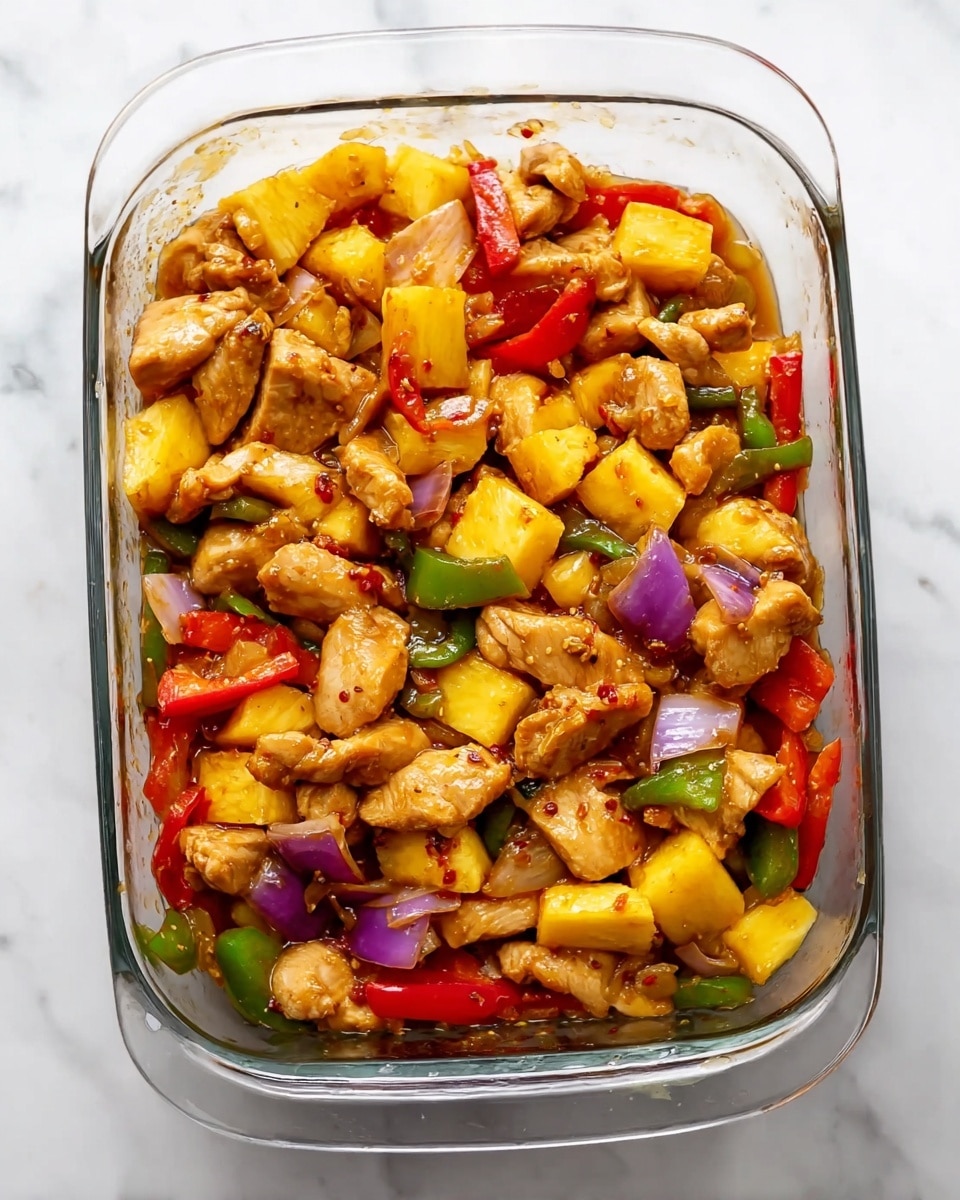 The image shows a clear glass baking dish with a vibrant stir-fry inside. The dish has several layers of cooked pieces of light brown chicken spread throughout. Among the chicken are chunks of yellow pineapple, ensuring a bright contrast. There are also pieces of red and green bell peppers, along with purple onion slices, adding more color and texture to the mix. The food looks glossy with a light sauce that coats everything evenly. The baking dish rests on a white marbled surface. photo taken with an iphone --ar 4:5 --v 7