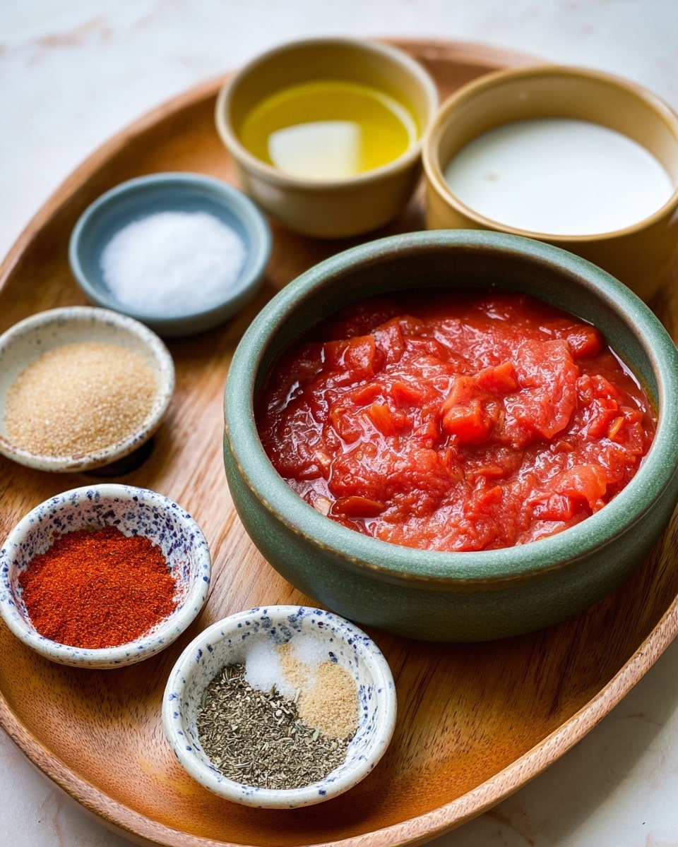 A wooden tray holds five bowls arranged close together on a white marbled surface. The largest bowl in the front is greenish-gray and filled with thick red tomato sauce that has chunks of tomatoes. Behind it to the right is a medium-sized beige bowl filled with white liquid, likely milk or cream. To the left is a small blue-gray bowl with a light yellow liquid, possibly oil. Behind that, a small white bowl holds granulated brown sugar and fine white powder, maybe flour. In the front left corner, a white bowl with blue speckles contains several colorful spice piles, including red paprika, black pepper, salt, and dried herbs. Photo taken with an iphone --ar 4:5 --v 7