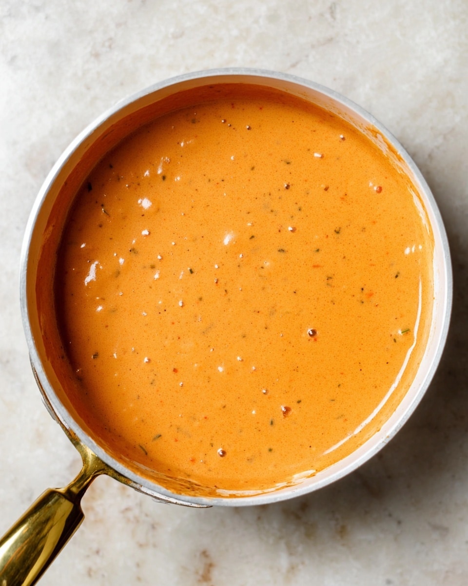 A white saucepan with a shiny golden handle filled with thick, creamy orange sauce that has small specks of herbs and spices spread evenly through the smooth texture. The sauce reaches close to the edge of the pan and the pan sits on a white marbled surface. The sauce has a warm, rich color with tiny bubbles on the surface. photo taken with an iphone --ar 4:5 --v 7