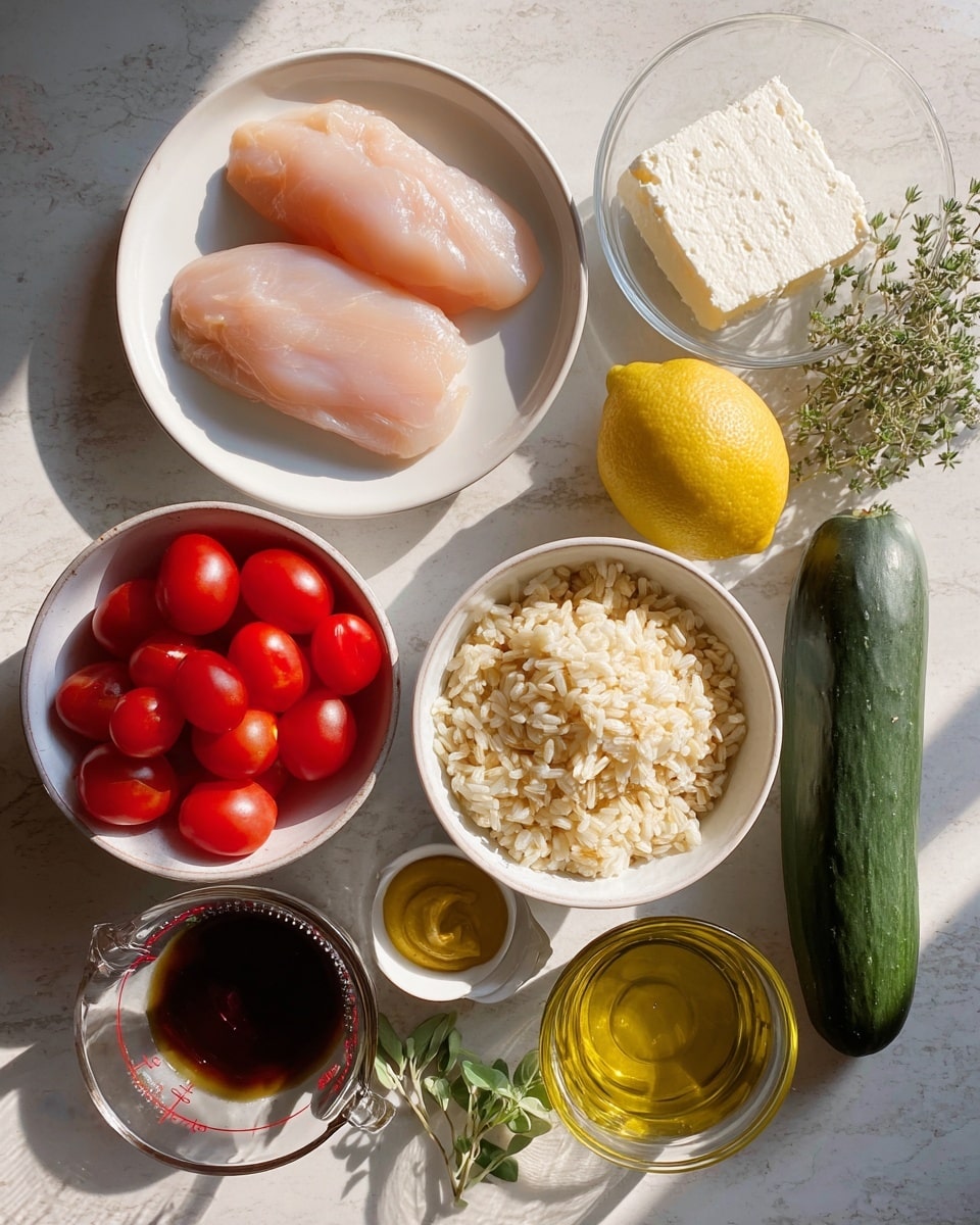 The image shows a top view of fresh ingredients neatly arranged on a white marbled surface. On the upper left is a white plate holding two pale pink raw chicken fillets with smooth texture. To the right of the plate is a bright yellow lemon with a slightly bumpy skin. Next to the lemon is a clear glass small plate with a block of soft white cheese. Below the lemon and cheese are two white bowls; the left bowl is filled with round, shiny red cherry tomatoes, and the right bowl holds cooked rice with a light brown tint. A whole dark green cucumber sits horizontally below the bowls. At the bottom left, there is a small silver cup filled with smooth yellow mustard, above which is a clear glass bowl containing dark brown sauce. A glass measuring cup with light golden olive oil is positioned near the bottom center. Fresh green oregano sprigs lie on the left side near the mustard cup. All items are well lit with soft natural light and soft shadows. Photo taken with an iphone --ar 4:5 --v 7