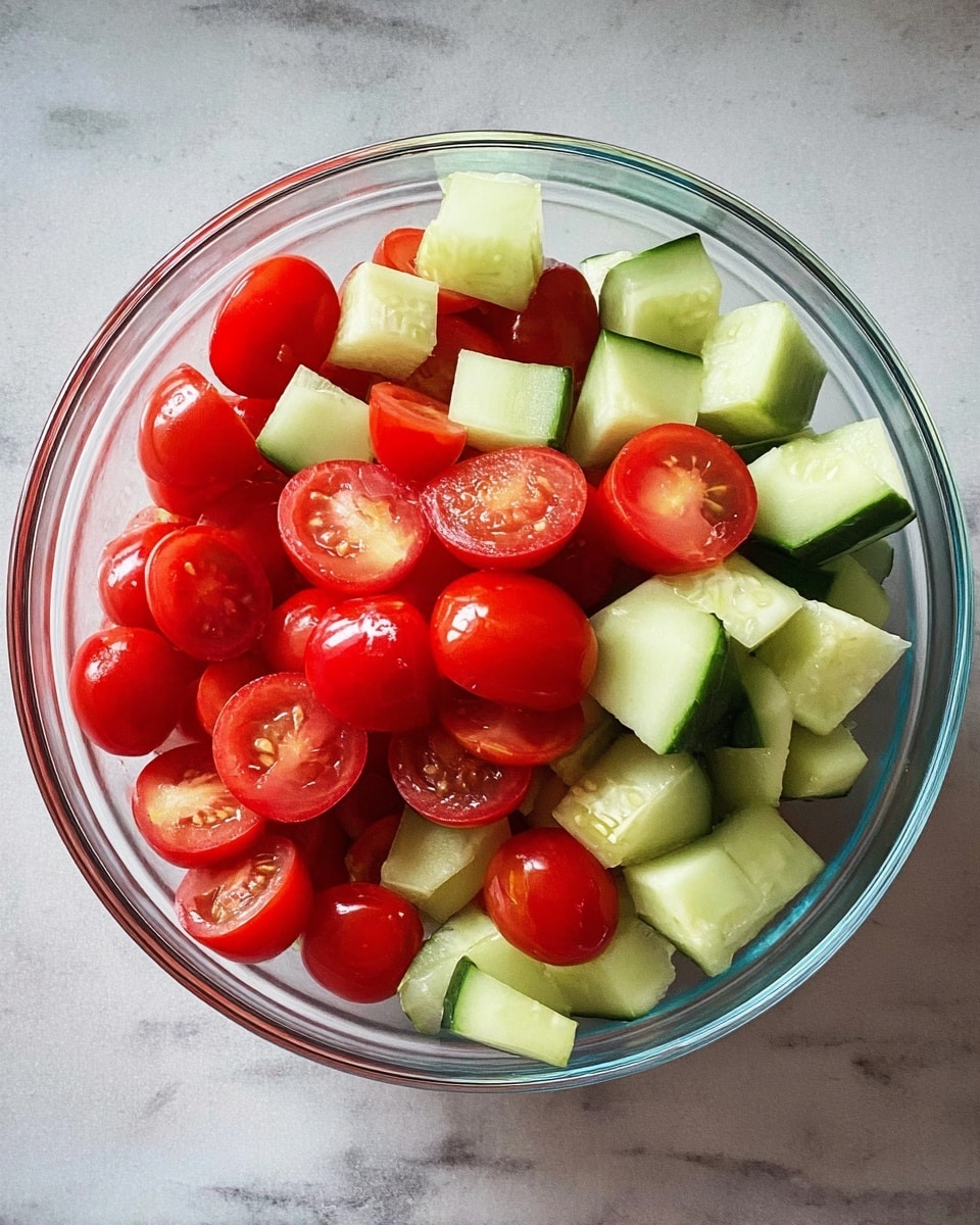 A clear glass bowl filled with two types of fresh cut vegetables: bright red cherry tomatoes, some sliced in half showing their juicy interior, and light green cucumber pieces with dark green skin on the edges, cut into thick chunks. The bowl sits on a white marbled background. photo taken with an iphone --ar 4:5 --v 7