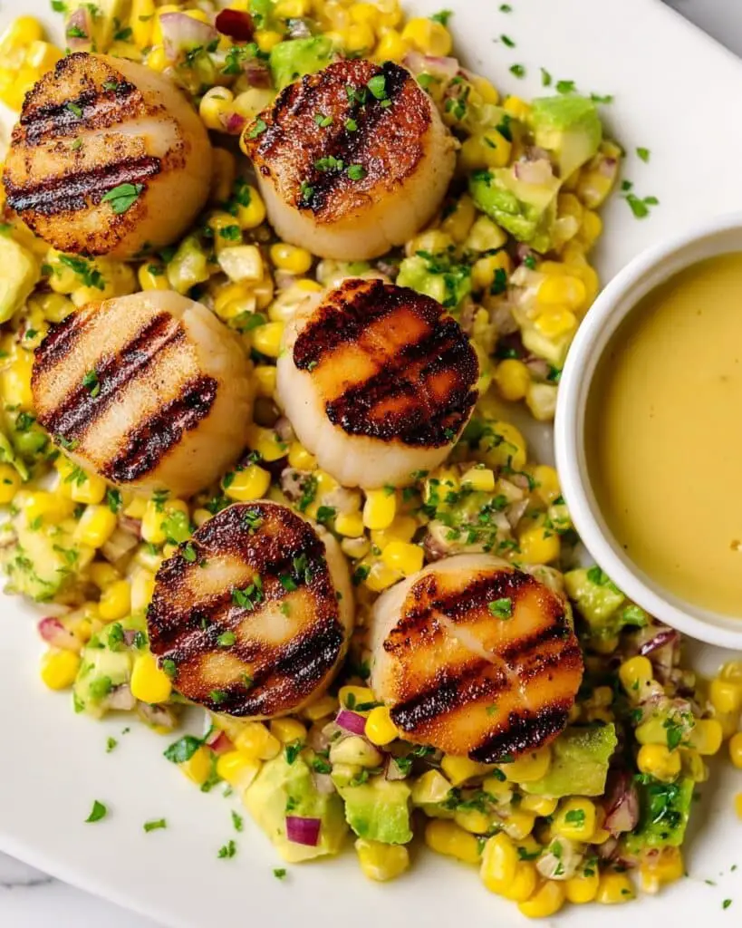 Grilled Scallops with Corn Avocado Salad and Honey Lime Dressing Recipe
