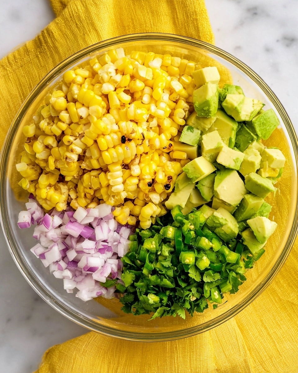 The image shows a clear bowl with four main sections of fresh ingredients inside. On the left side, there is a large amount of bright yellow grilled corn with some brown char marks, giving it a slightly textured look. Next to the corn, on the upper right, are chunks of creamy green avocado, cut into small cubes with a smooth texture. Below the avocado is a small pile of finely chopped light purple onions, adding a soft, rough texture. On the bottom right, there are finely chopped green jalapeños and bright green cilantro leaves, both giving a fresh and leafy feel. The bowl is placed on a white marbled surface with a yellow cloth partially visible under the bowl. photo taken with an iphone --ar 4:5 --v 7