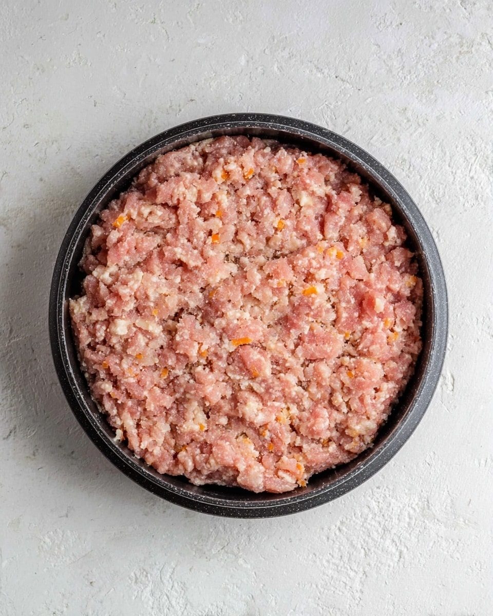 A single black round pan filled with an even layer of raw ground meat, showing a mix of pink and light beige colors with some small white and orange bits, giving it a textured and uneven surface. The pan is placed on a white marbled textured background. photo taken with an iphone --ar 4:5 --v 7
