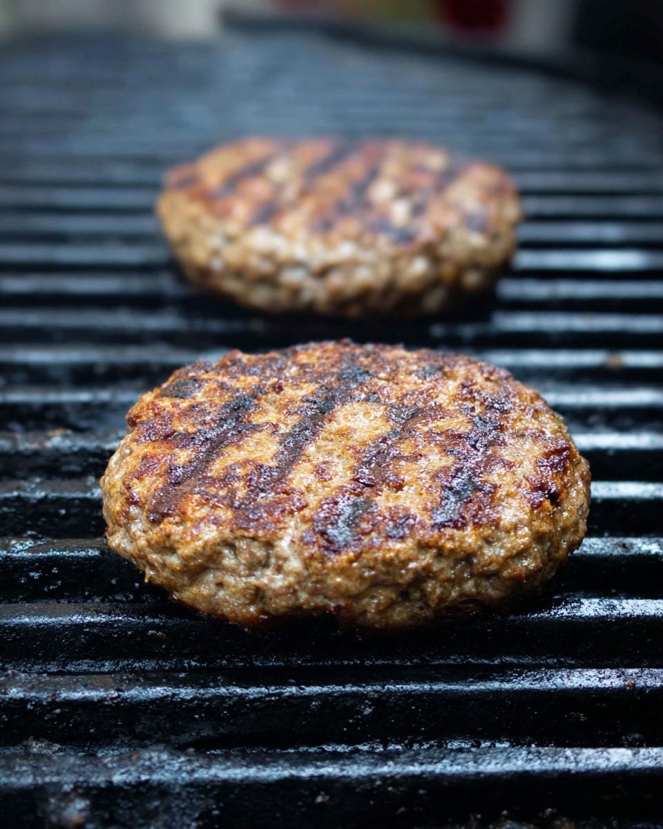 Two cooked burger patties with a browned, slightly crispy texture rest on a black grill grate. The patties are round and thick, showing a mix of light and dark brown colors with some uneven char marks, indicating they are grilled. The background is blurred, focusing on the textured meat patties and grill surface. photo taken with an iphone --ar 4:5 --v 7