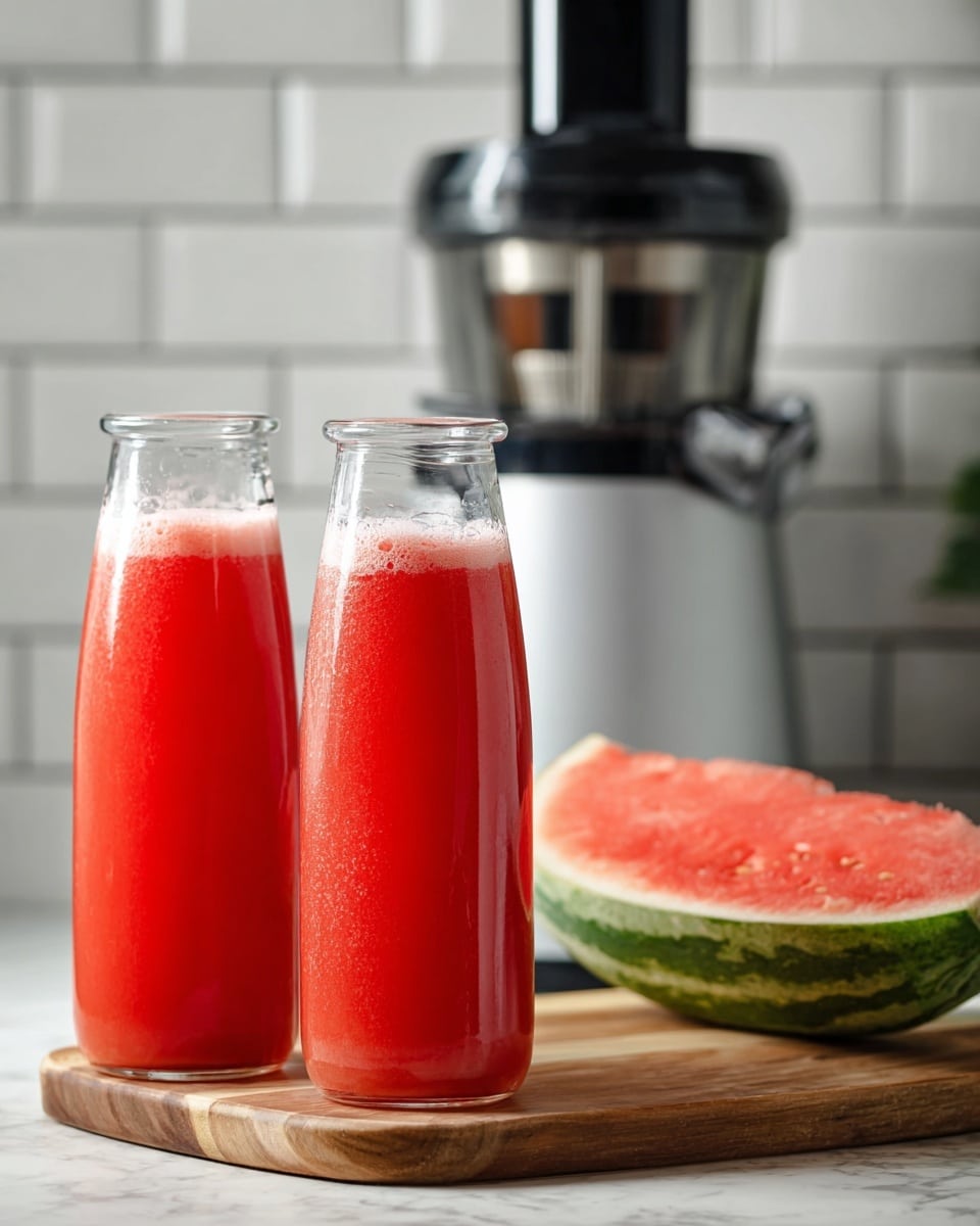 Two tall, clear glass bottles filled with bright red watermelon juice stand side by side on a wooden cutting board. To the right of the bottles, a large slice of watermelon with green rind and red flesh rests on the same board. Both bottles show a thin layer of froth on top. In the blurry background, a black and white juicer machine sits against a white tiled wall, all placed on a white marbled surface. photo taken with an iphone --ar 4:5 --v 7