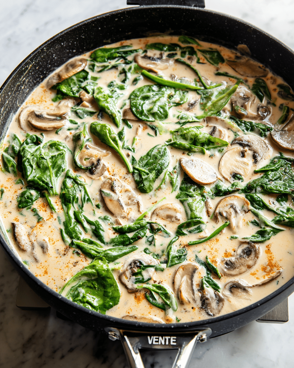 A close-up view of a black pan filled with creamy sauce that has a smooth, light beige color with small orange specks. Floating in the sauce are multiple fresh spinach leaves, bright green with visible veins, and light brown sliced mushrooms with smooth curved edges. The mixture looks thick and lightly bubbling, showing a mix of creamy and fresh textures. All is set on a white marbled surface with a small part of a stovetop visible below the pan's handle, which has the word