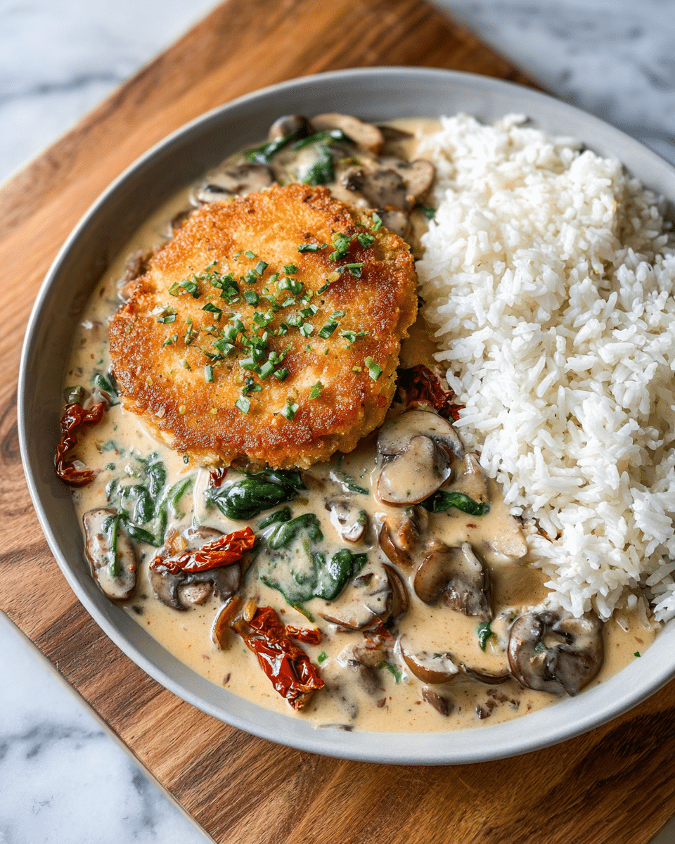 A white plate holds three main sections: on the right is a layer of fluffy white rice with distinct grains; in the center sits a round, golden-brown crispy patty garnished with chopped green herbs; on the left is a creamy sauce layer with light beige color, filled with dark brown mushroom slices, green spinach leaves, and sun-dried tomato pieces, all mixed smoothly into the sauce. The plate is placed on a wooden board with a white marbled background visible beyond the board. Photo taken with an iphone --ar 4:5 --v 7