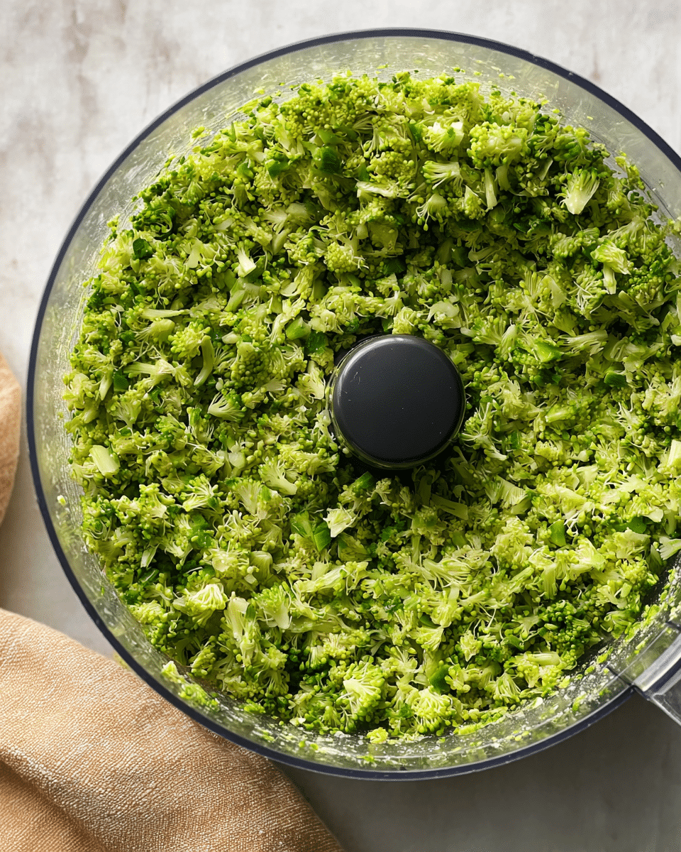 A clear food processor bowl filled with finely chopped bright green broccoli, showing detailed small pieces with some light green stems mixed in, positioned in the center of the image on a white marbled texture background with a corner of a beige cloth visible at the bottom left, photo taken with an iphone --ar 4:5 --v 7