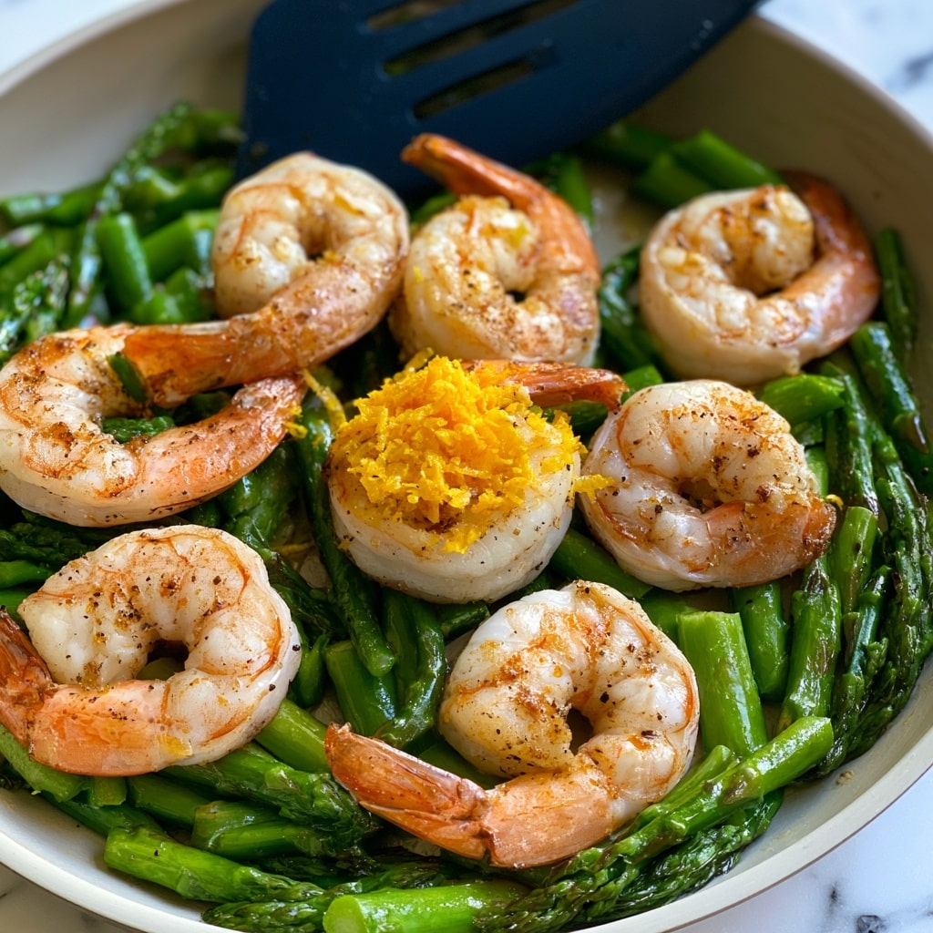 A frying pan filled with bright green asparagus pieces forming the bottom layer. On top are several seasoned shrimp with a light golden-brown grilled look, each shrimp curled and showing a mix of white and pink colors. One shrimp near the center is topped with a small heap of finely grated bright yellow zest. A navy blue spatula is slightly visible resting in the pan behind the shrimp. The whole scene is set against a white marbled surface. photo taken with an iphone --ar 4:5 --v 7
