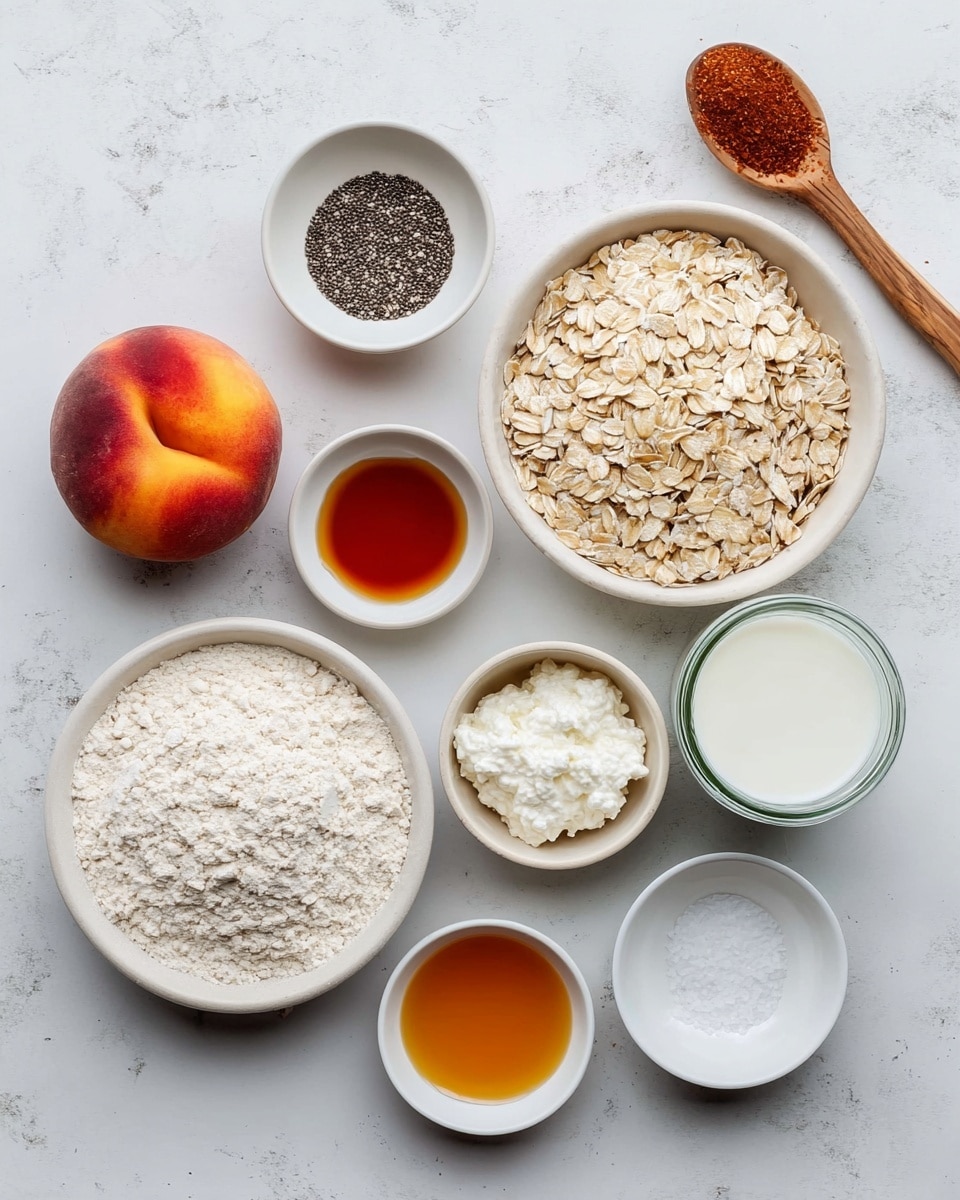 A white marbled surface holds eating ingredients arranged neatly: a peach with red and orange skin sits to the left; two small white bowls next to it hold a dark amber liquid and tiny black chia seeds respectively; a larger white bowl filled with pale rolled oats is placed on the right; a wooden spoon with a dark reddish-brown spice rests at the top right; below the peach is a white bowl filled with white cottage cheese; next to it is a jar of white milk; a white bowl with pale yellow flour is centered; two smaller white bowls hold amber-colored liquid and coarse white salt on the bottom right photo taken with an iphone --ar 4:5 --v 7
