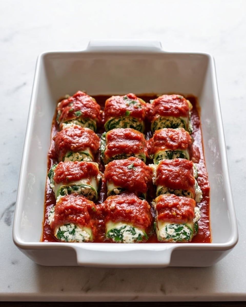 The image shows a white baking dish with nine rolls neatly arranged in three rows. Each roll has a base layer of green spinach leaves, followed by a white creamy cheese layer mixed with small bits of herbs. On top of each roll, there is a bright red tomato sauce spread unevenly, with some sauce pooling at the bottom of the dish. The dish is placed on a white marbled surface. The lighting highlights the textures of the spinach, cheese, and sauce in a natural way. Photo taken with an iphone --ar 4:5 --v 7