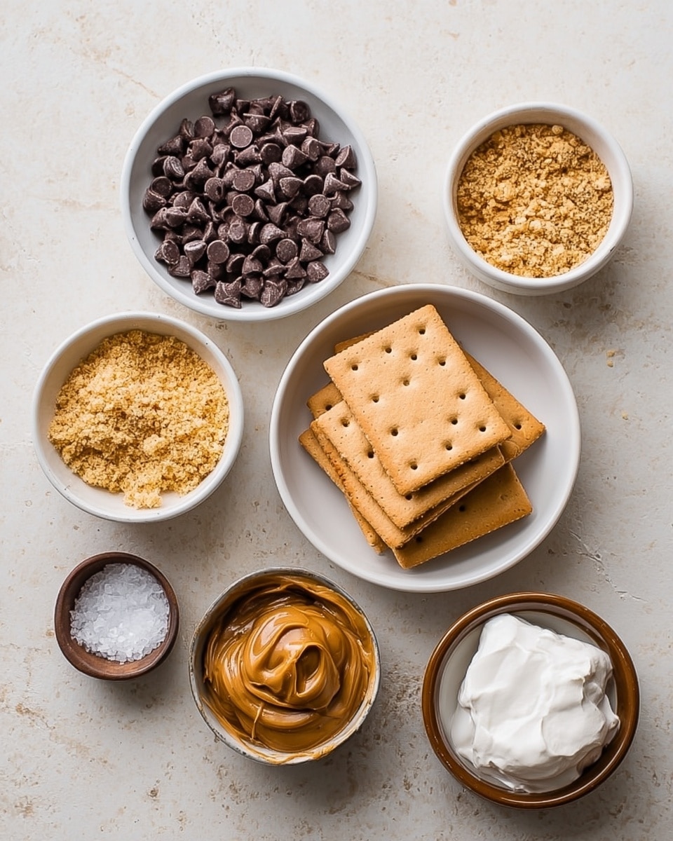 A top view of six bowls and plates on a white marbled surface, showing ingredients for a dessert. In the center, a white bowl holds a stack of rectangular light brown graham crackers. To the left, a smaller white bowl is filled with dark brown chocolate chips and above it, a small white bowl contains a light golden crumbly substance, likely crushed nuts or graham cracker crumbs. Below the chocolate chips, a tiny bowl has some coarse white salt. On the right side, two small white bowls with brown rims hold creamy peanut butter of caramel color in the top bowl and white marshmallow cream in the bottom bowl. The arrangement is neat and the colors are earthy and inviting. Photo taken with an iphone --ar 4:5 --v 7